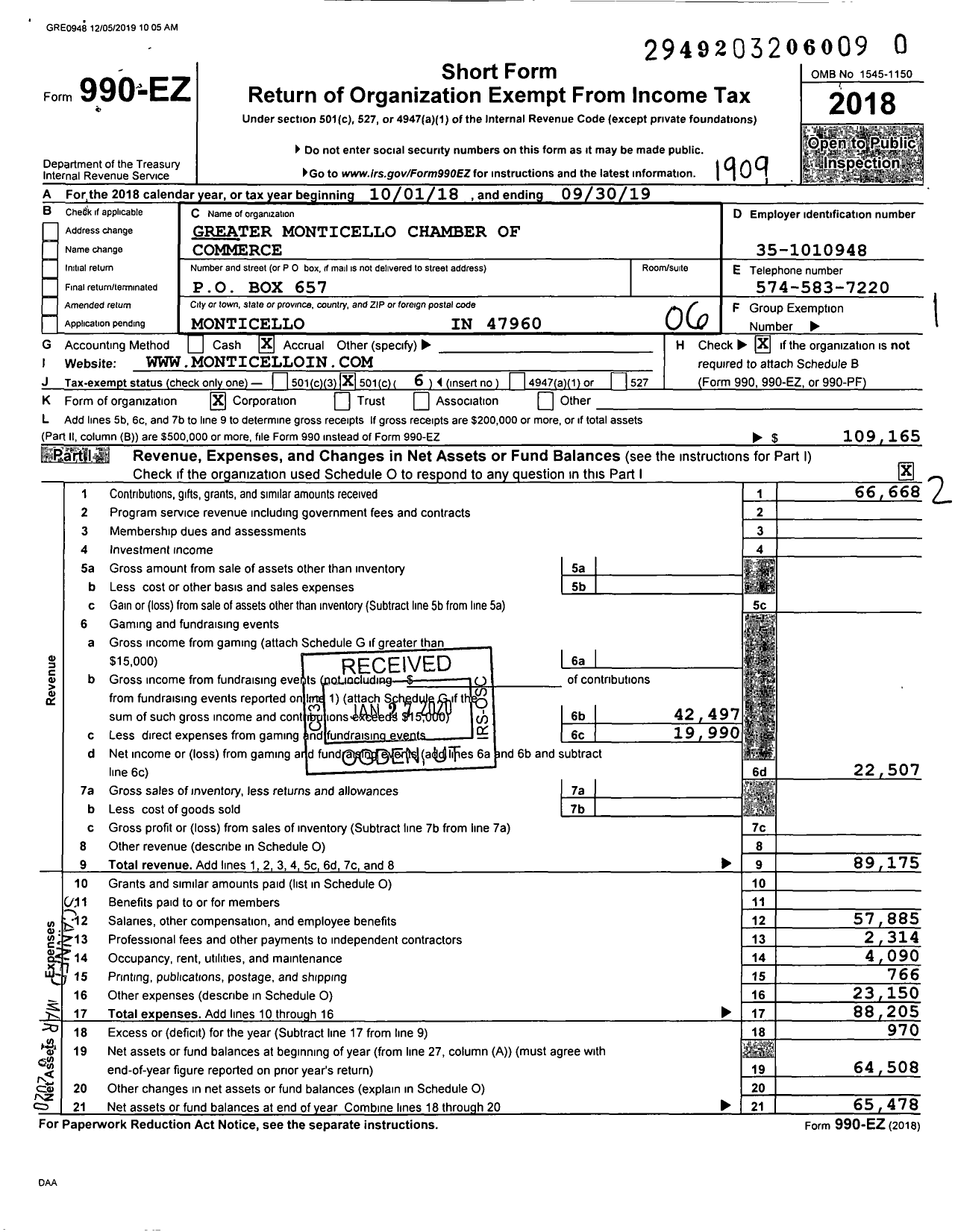 Image of first page of 2018 Form 990EO for Greater Monticello Chamber of Commerce