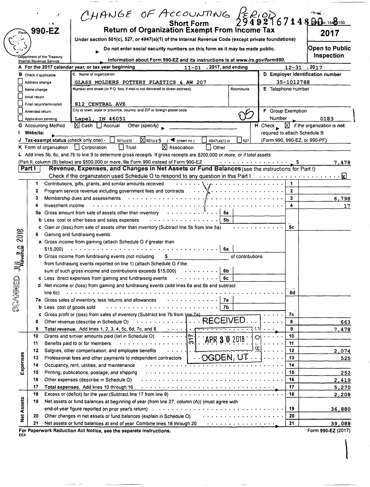 Image of first page of 2017 Form 990EO for United Steelworkers - 00207M Local