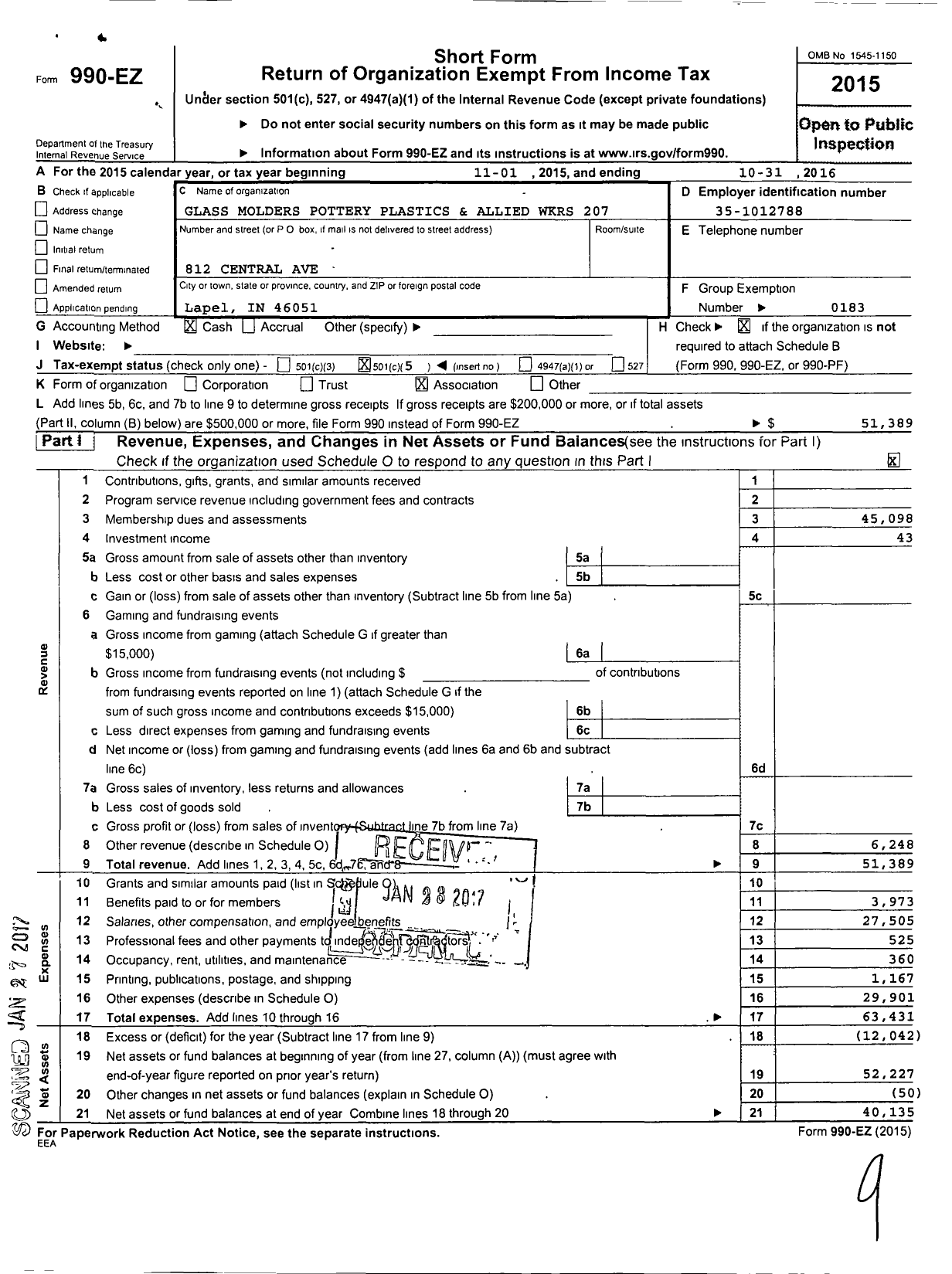 Image of first page of 2015 Form 990EO for United Steelworkers - 00207M Local