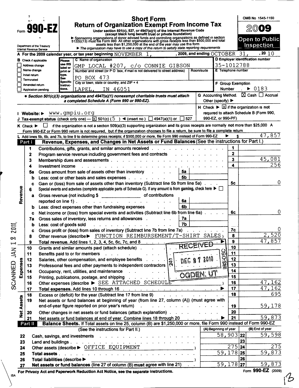 Image of first page of 2009 Form 990EO for United Steelworkers - 00207M Local