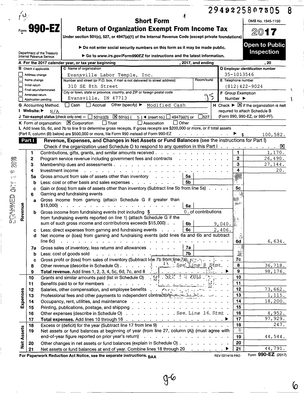 Image of first page of 2017 Form 990EO for Evansville Labor Temple