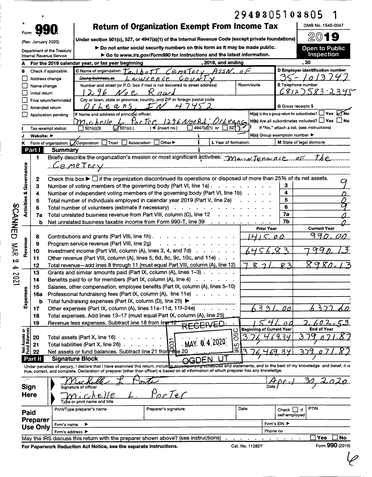 Image of first page of 2019 Form 990 for Talbott Cemetery Association of Lawrence County