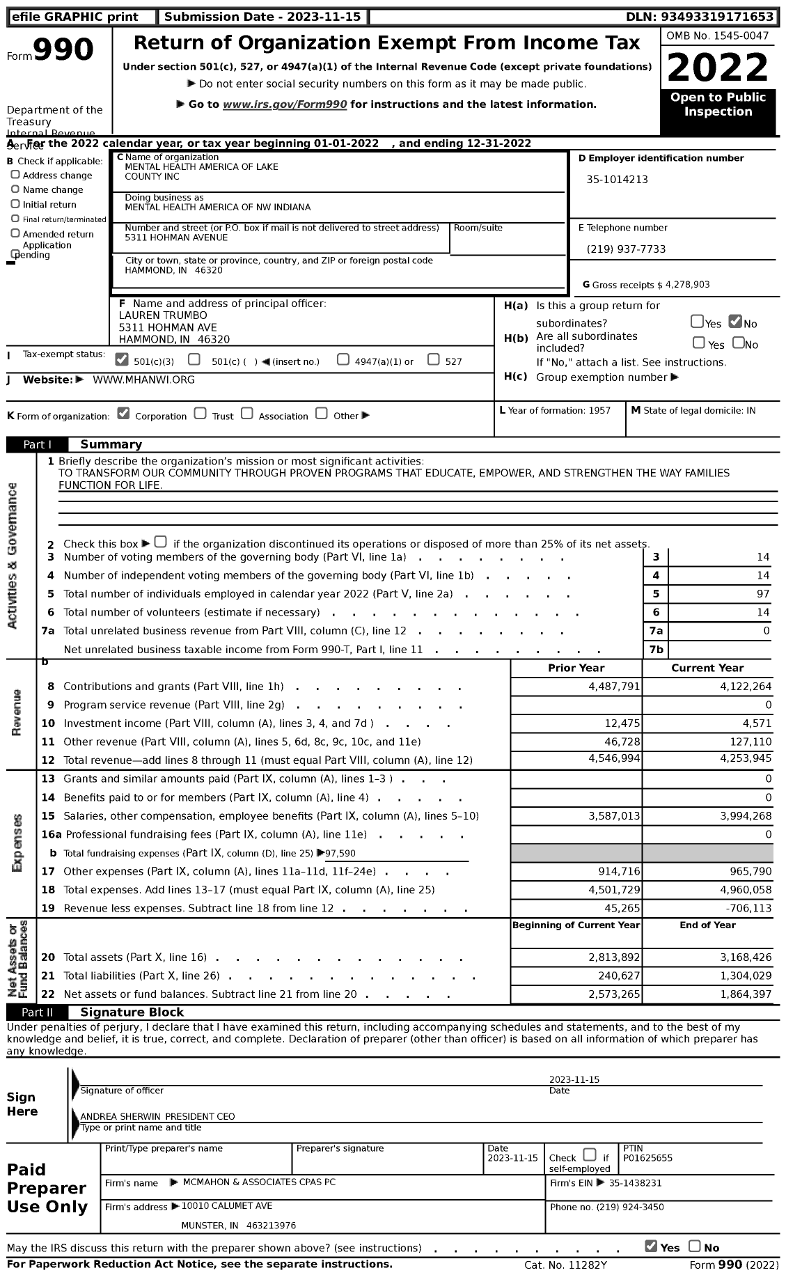 Image of first page of 2022 Form 990 for Mental Health America of NW Indiana