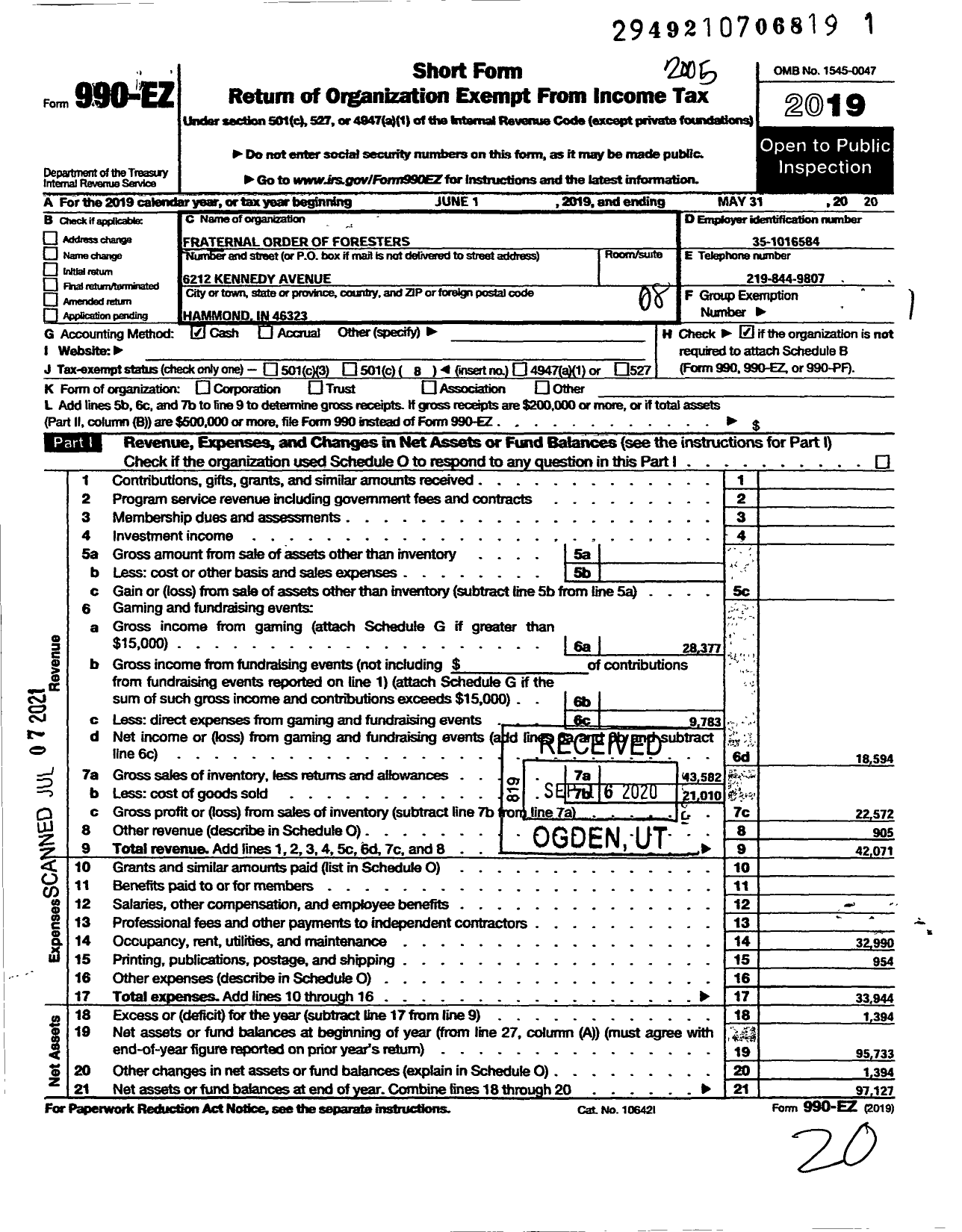 Image of first page of 2019 Form 990EO for Fraternal Order of Eagles - 3117 Aerie