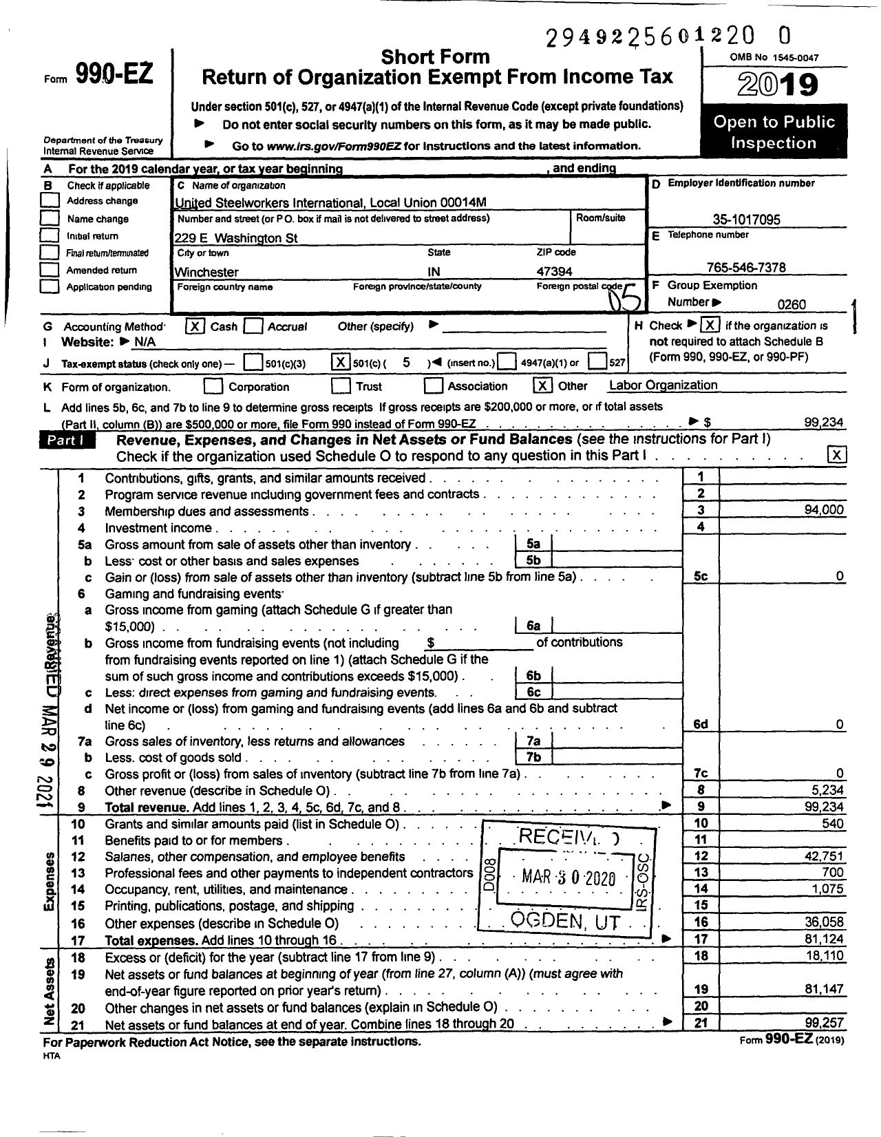 Image of first page of 2019 Form 990EO for United Steelworkers - 00014M Local