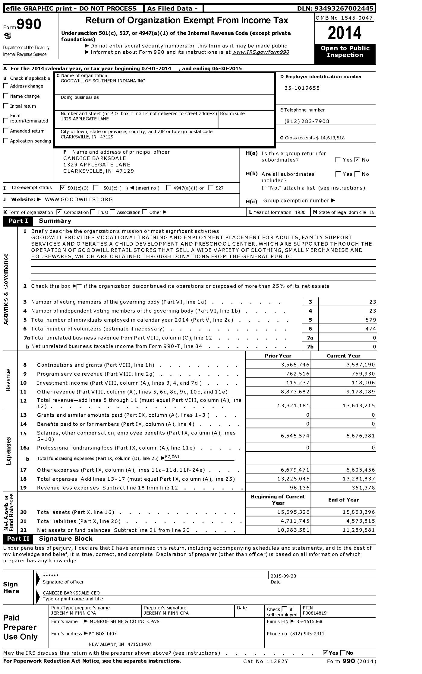 Image of first page of 2014 Form 990 for Goodwill of Southern Indiana