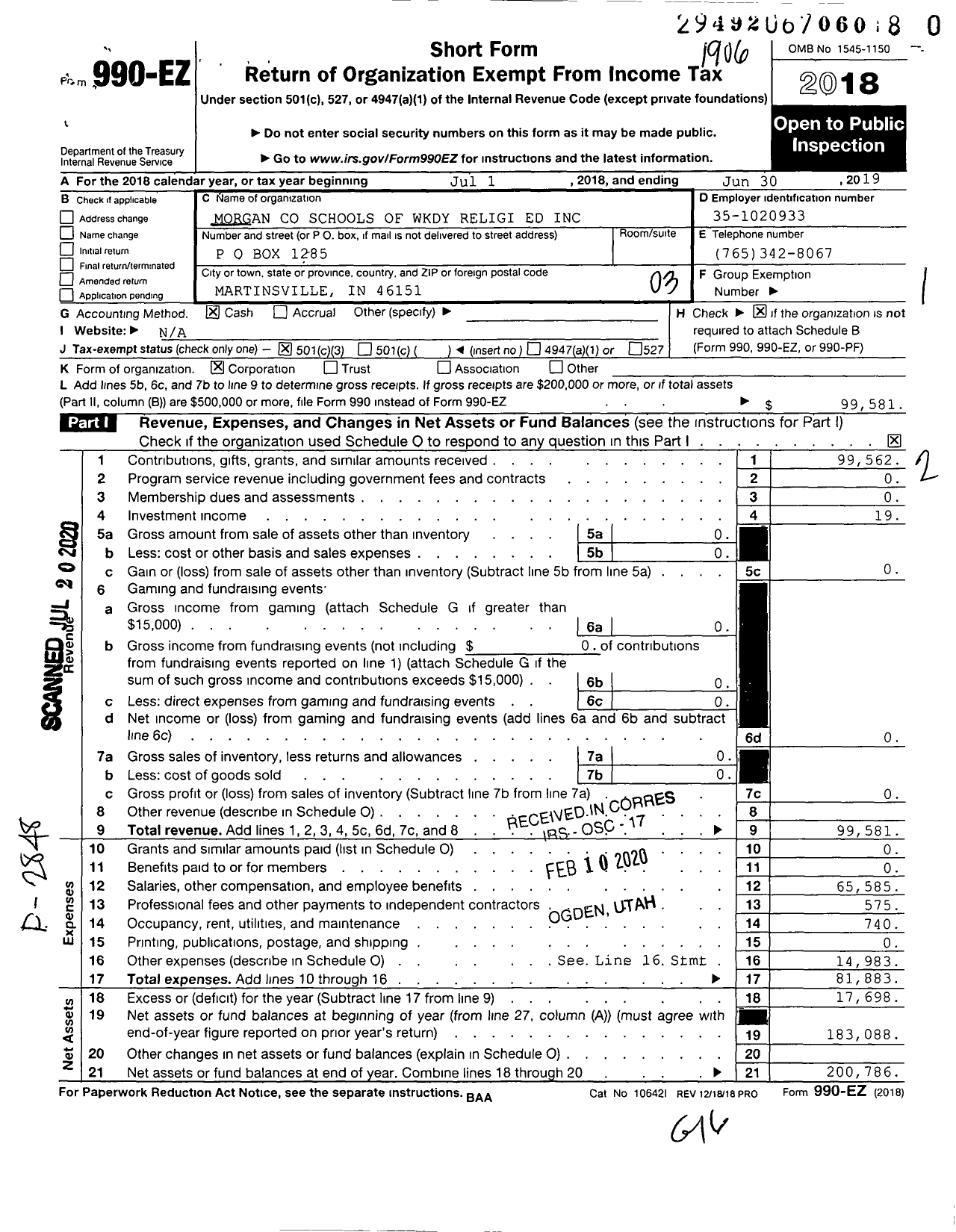 Image of first page of 2018 Form 990EZ for Morgan Schools of Wkdy Religi Ed