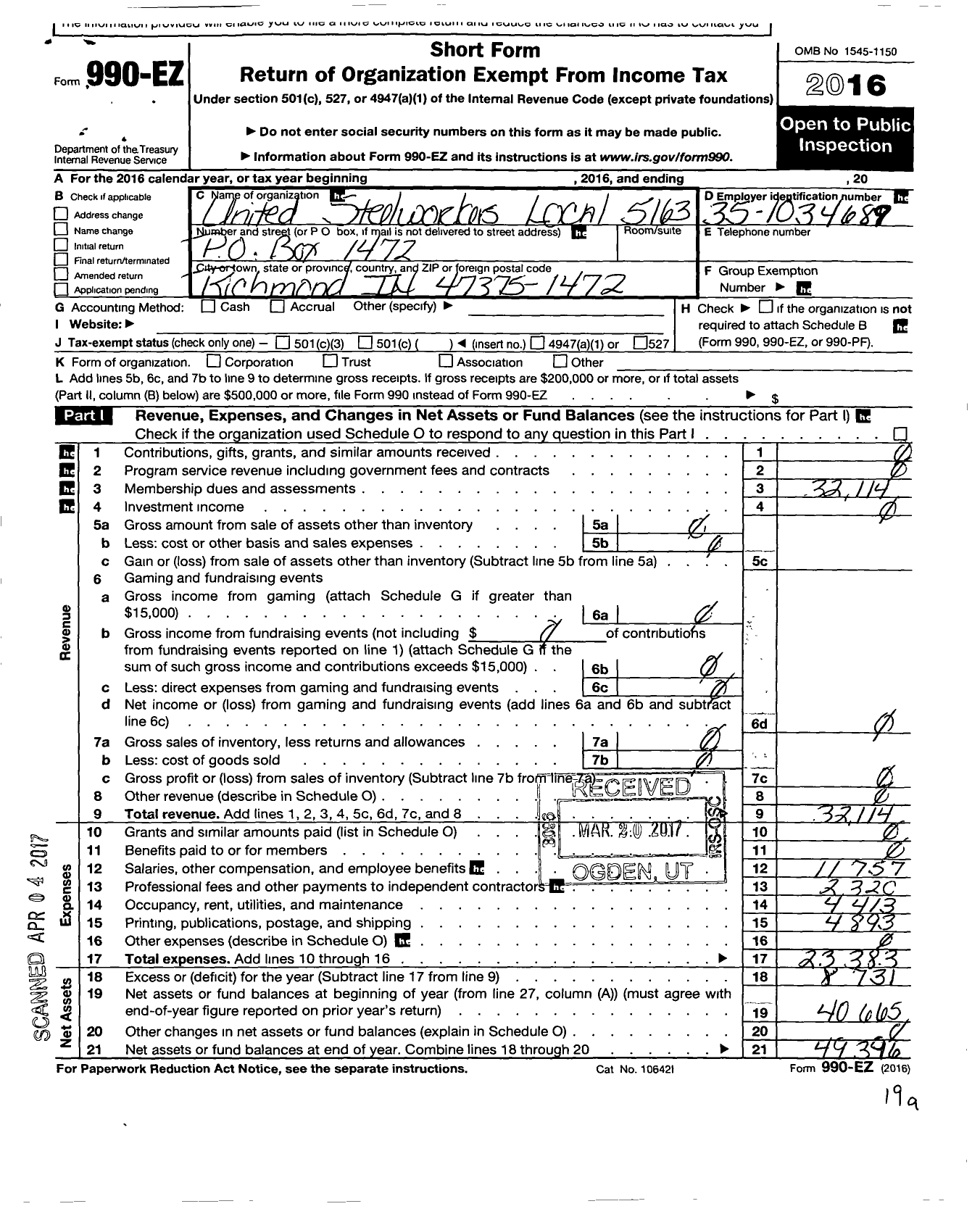 Image of first page of 2016 Form 990EO for United Steelworkers - 05163 Local