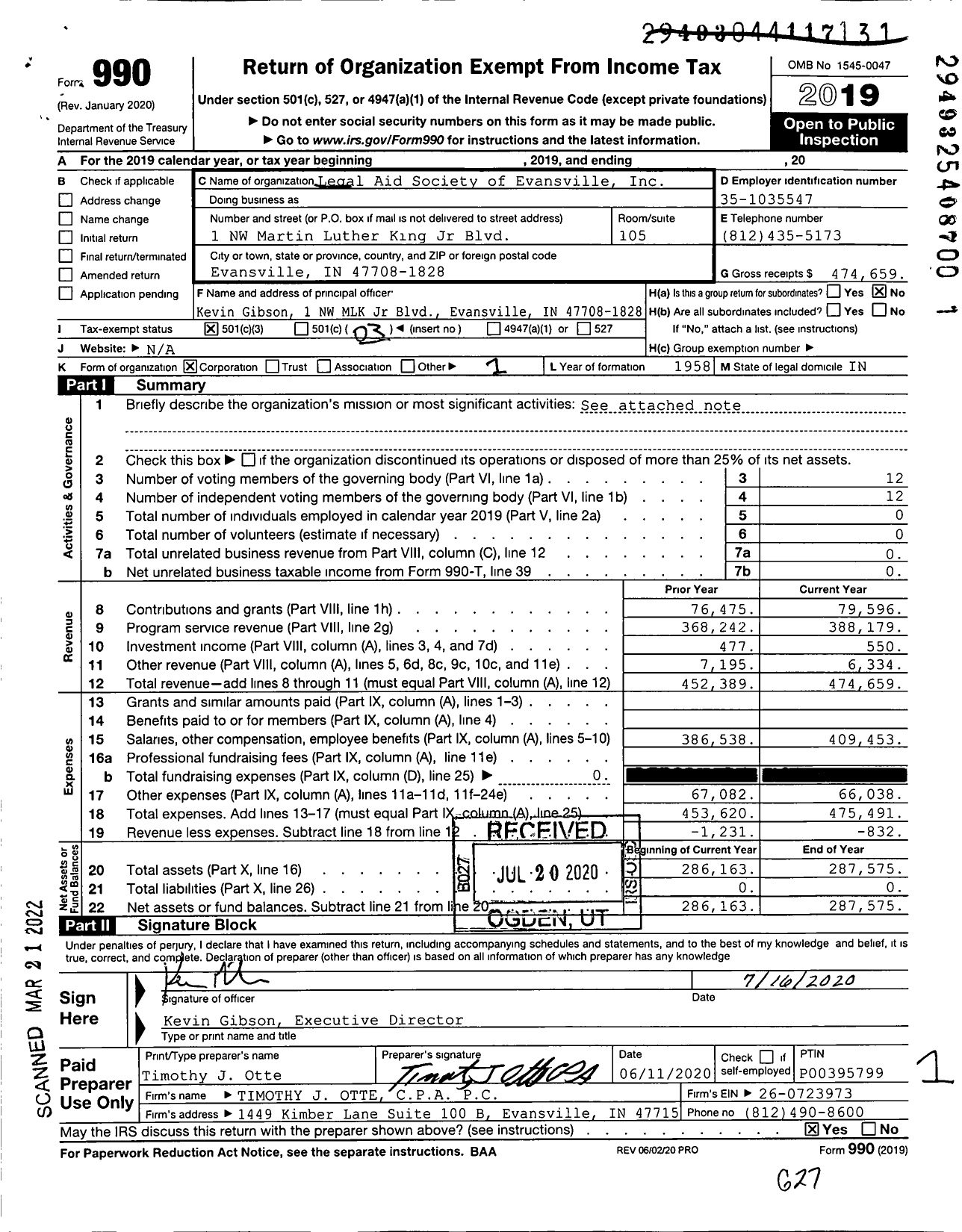 Image of first page of 2019 Form 990 for Legal Aid Society of Evansville