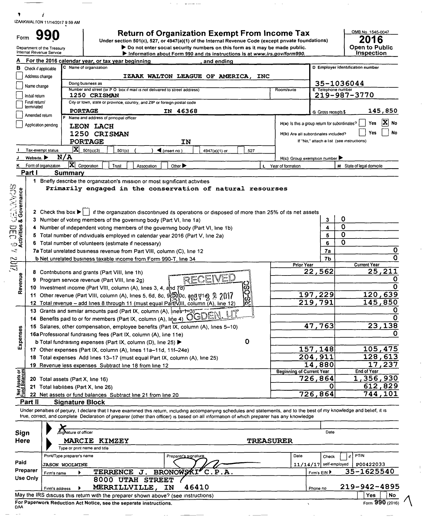 Image of first page of 2016 Form 990 for Izaak Walton League of America / Miller Chapter