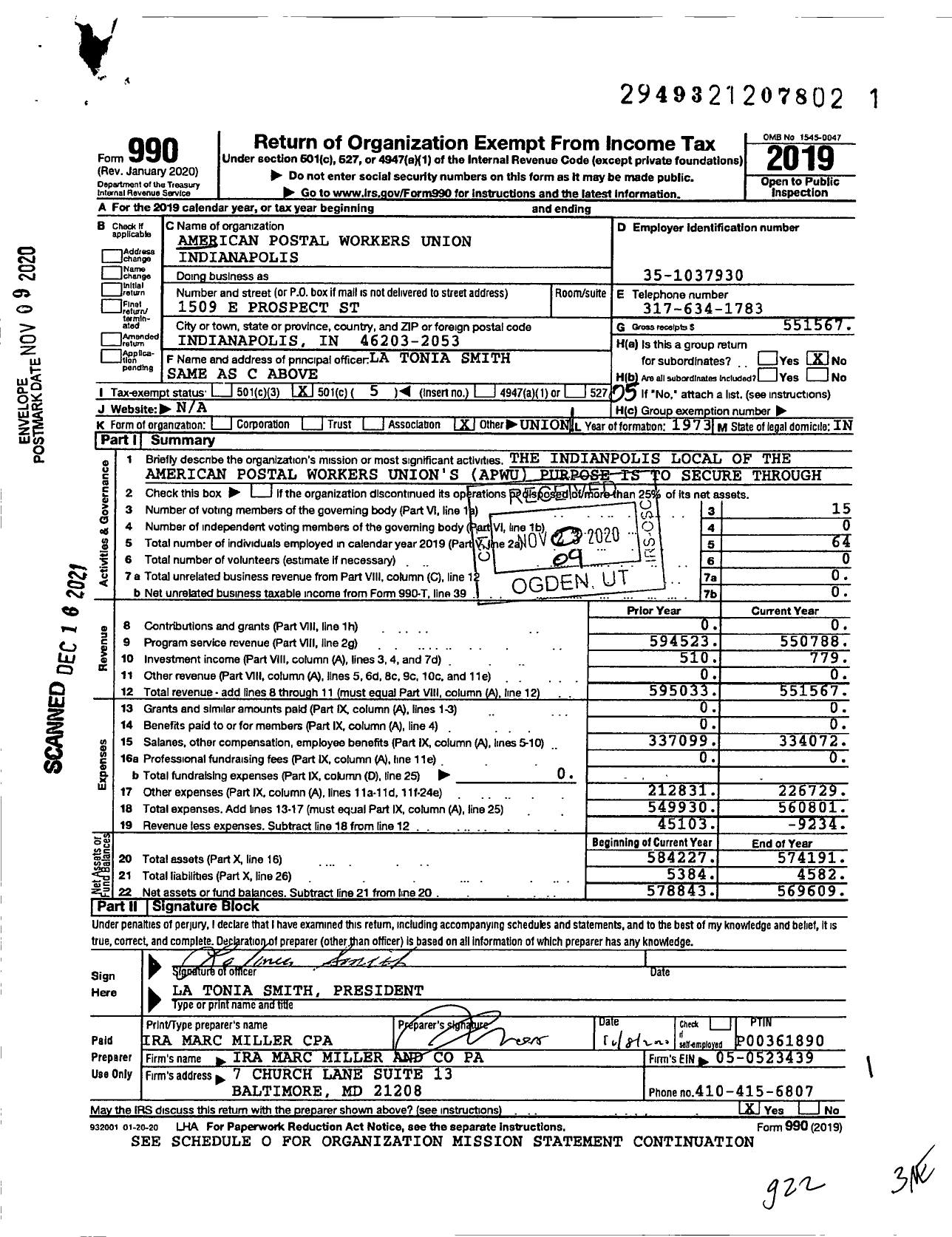 Image of first page of 2019 Form 990O for American Postal Workers Union - 130 Indianapolis Area Local