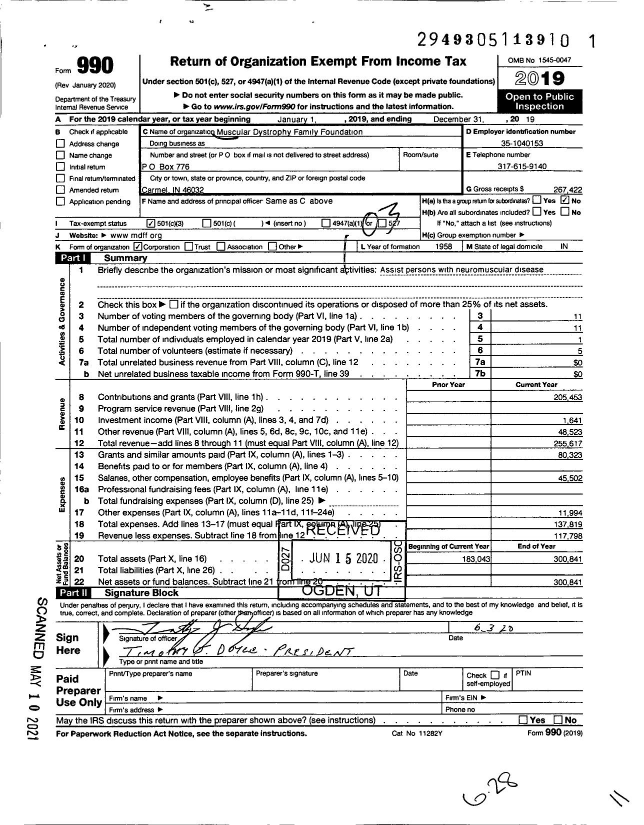 Image of first page of 2019 Form 990 for Muscular Dystrophy Family Foundation