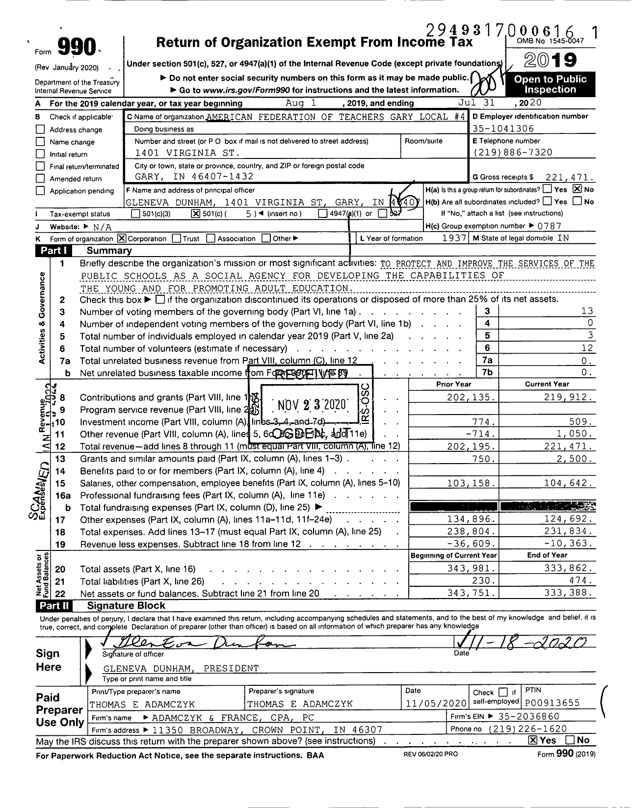 Image of first page of 2019 Form 990O for American Federation of Teachers Gary Local 4