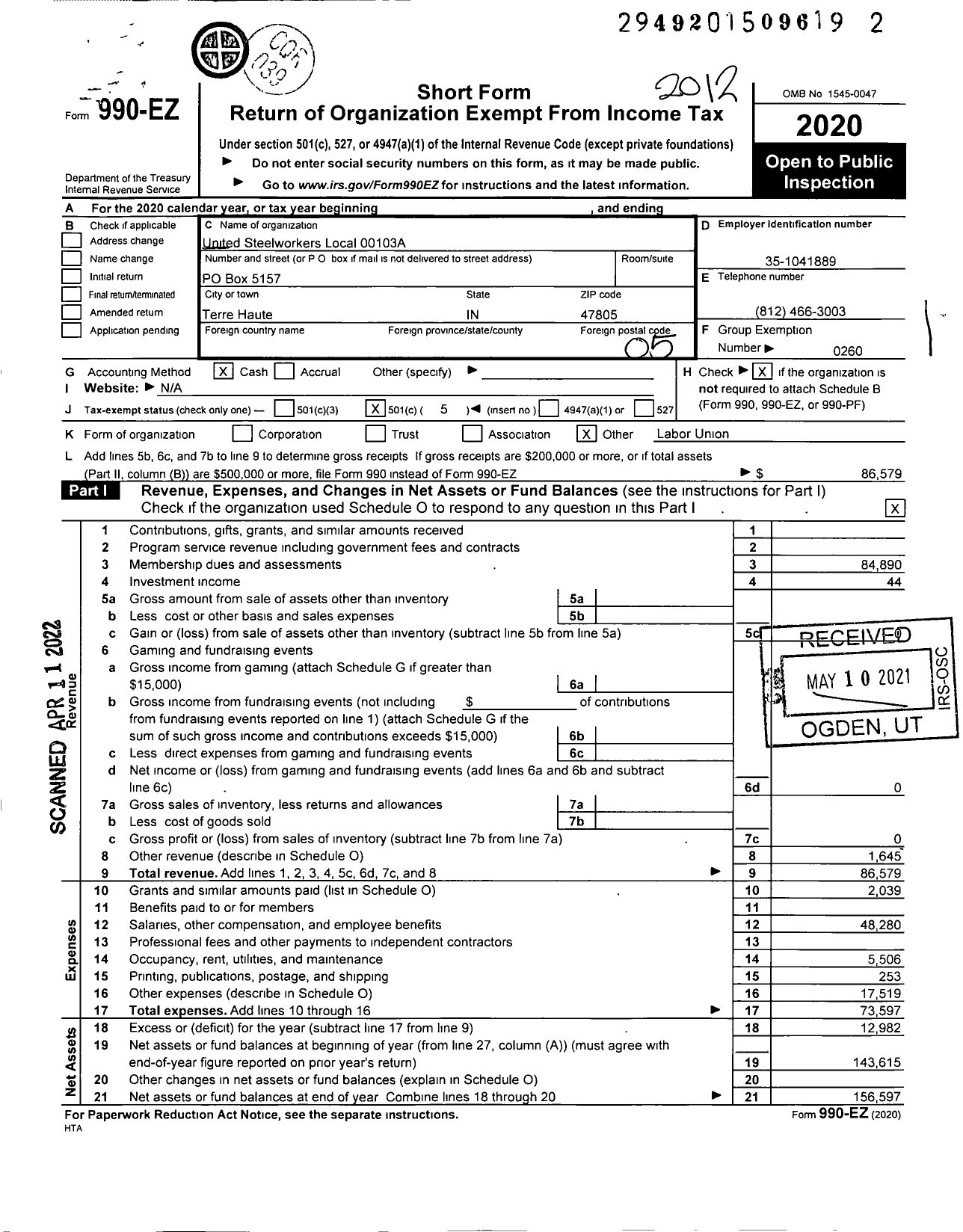 Image of first page of 2020 Form 990EO for United Steelworkers - 00103 Local