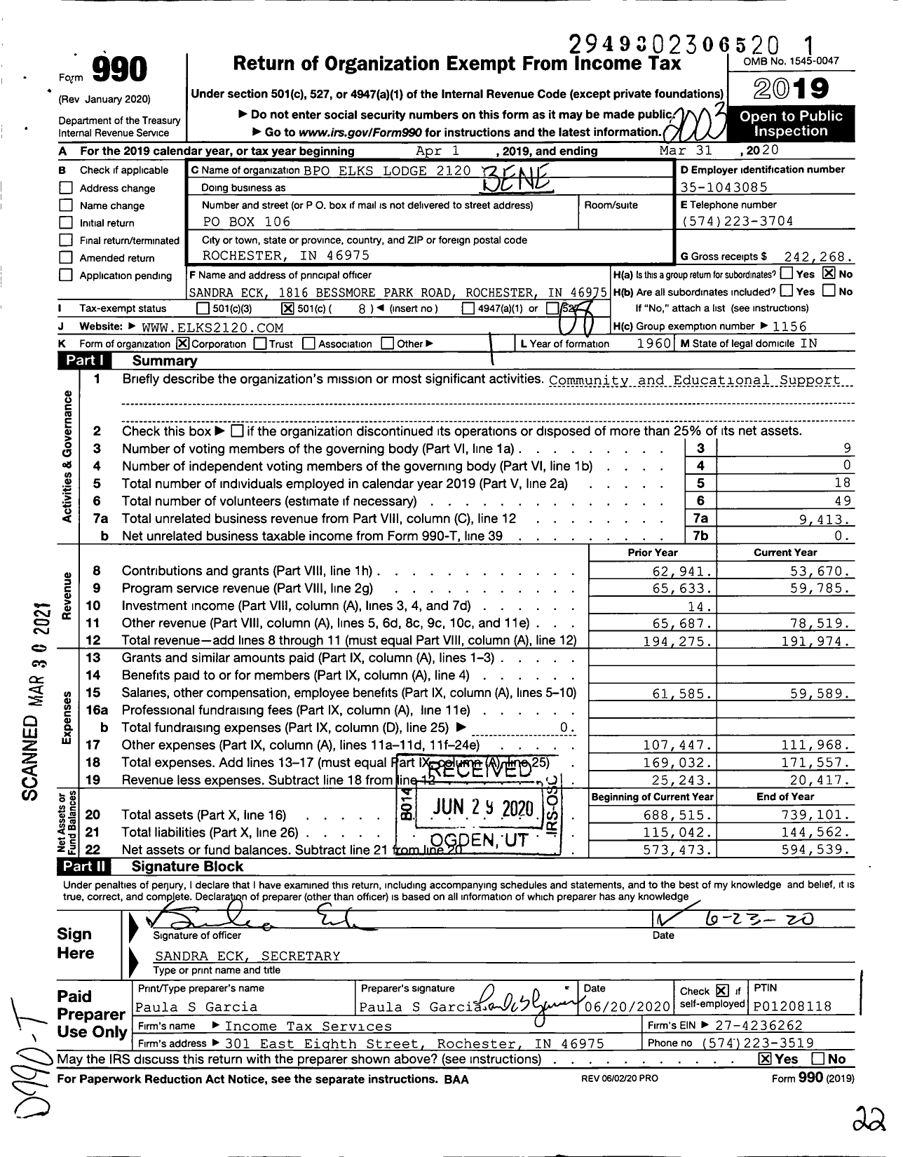 Image of first page of 2019 Form 990O for Benevolent and Protective Order of Elks - Elks Lodge No 2120