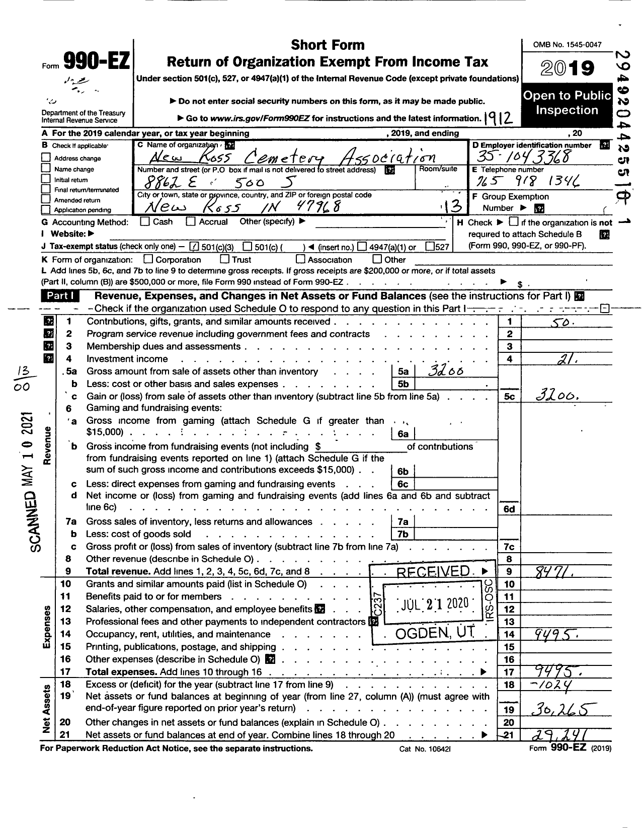 Image of first page of 2019 Form 990EO for New Ross Cemetery Association