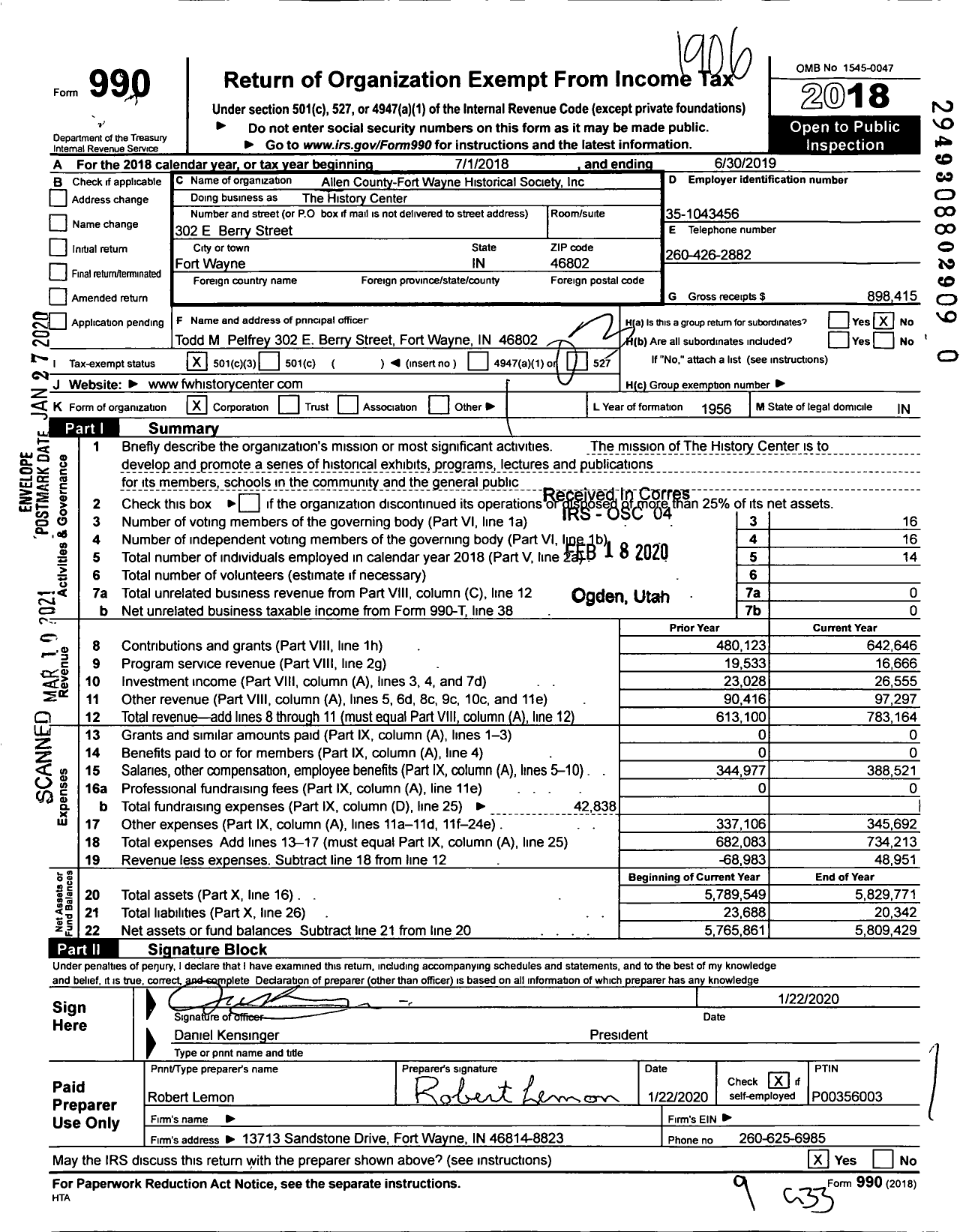 Image of first page of 2018 Form 990 for The History Center / Allen County-Fort Wayne Historical Society Inc