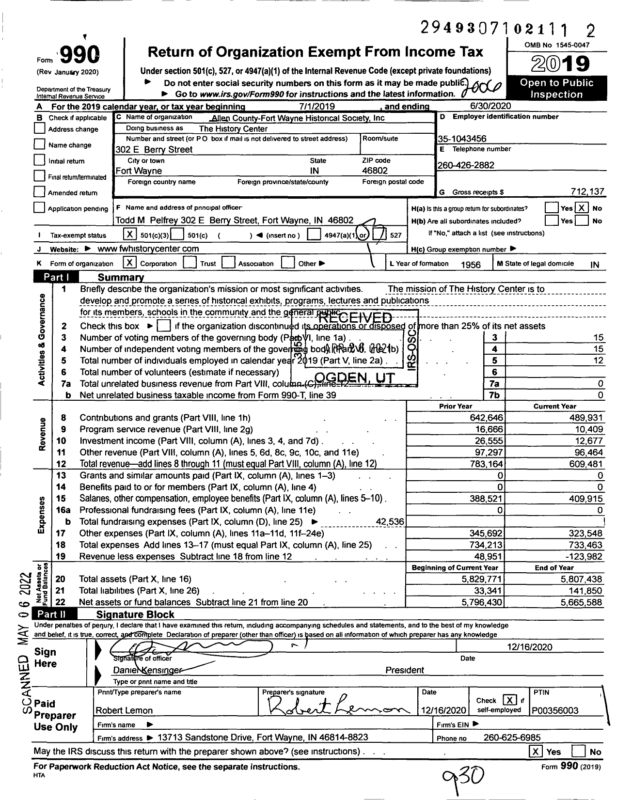 Image of first page of 2019 Form 990 for The History Center / Allen County-Fort Wayne Historical Society Inc