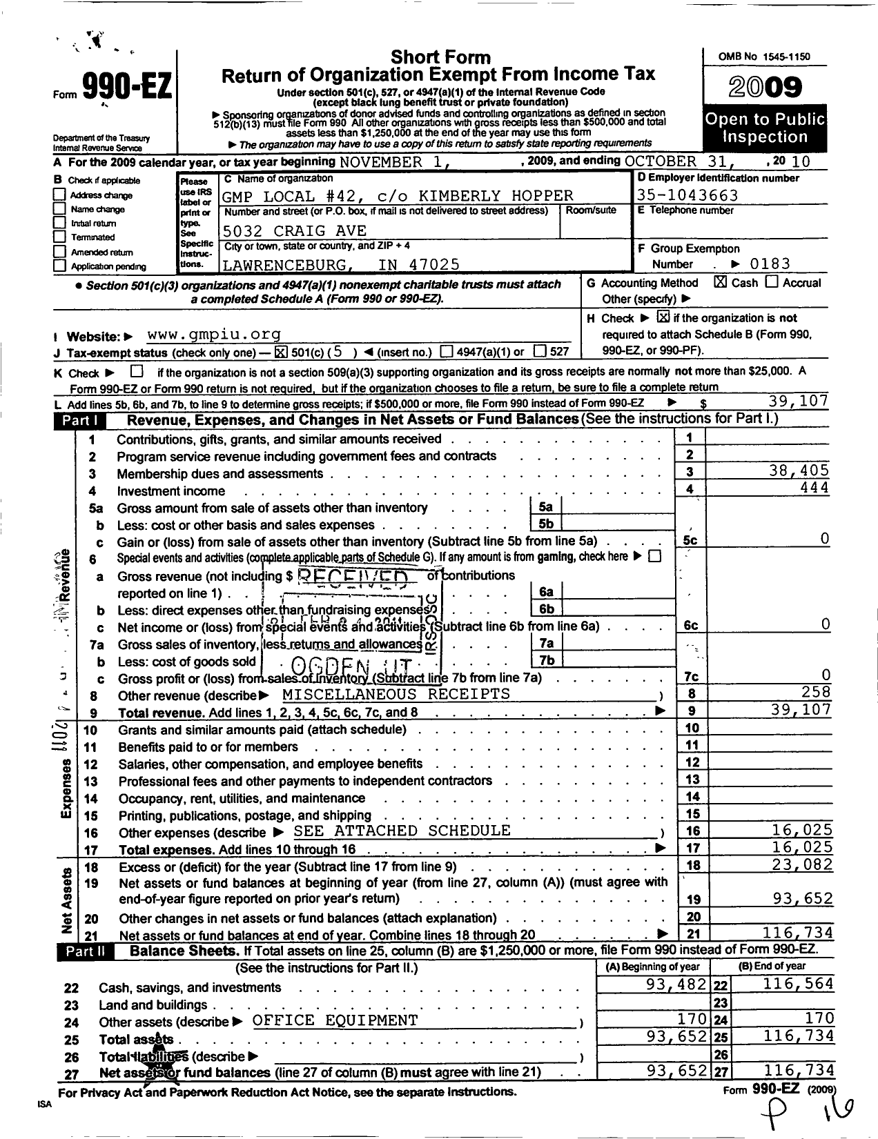 Image of first page of 2009 Form 990EO for United Steelworkers - 00042M Local