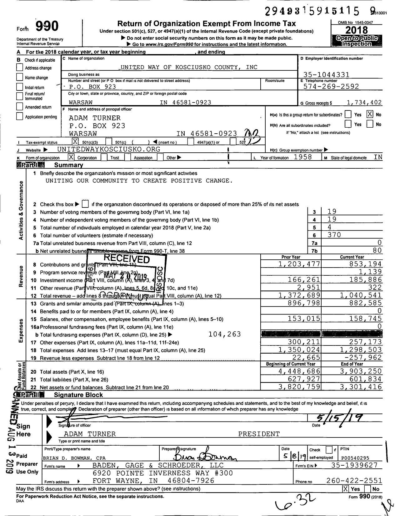 Image of first page of 2018 Form 990 for United Way of Kosciusko County