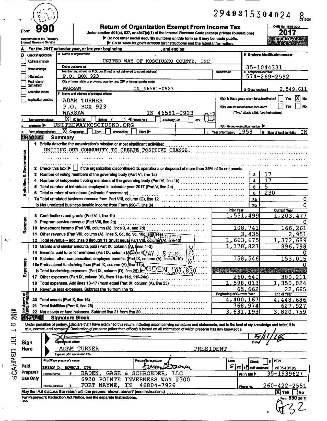 Image of first page of 2017 Form 990 for United Way of Kosciusko County