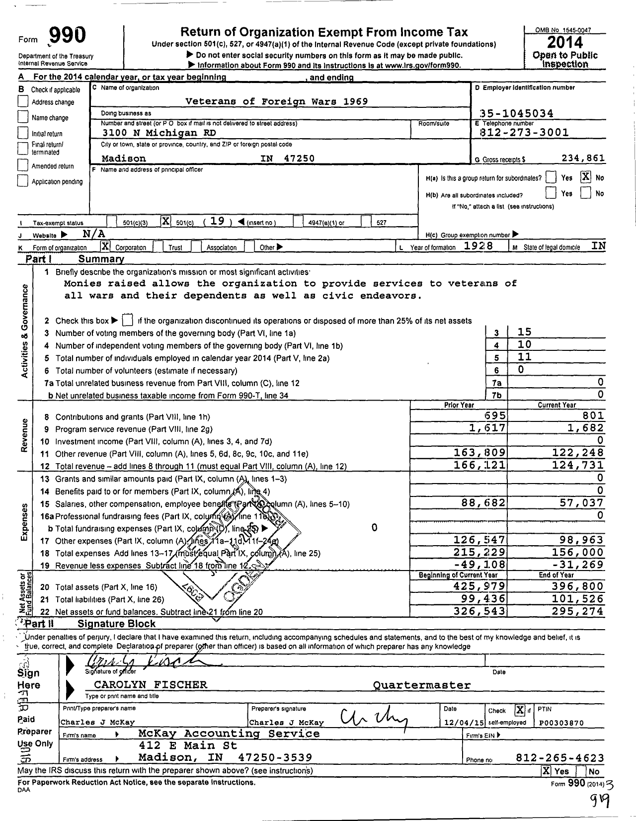 Image of first page of 2014 Form 990O for VFW Department of Indiana - 1969 Vfw-Ind Weber-Warren Lewis