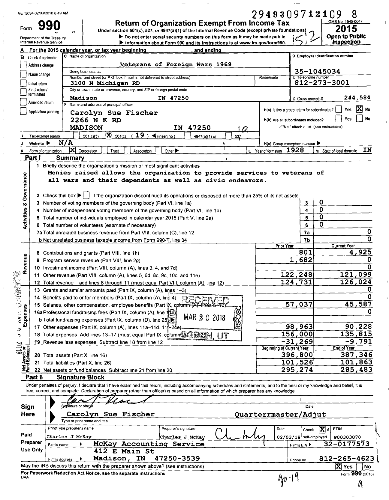 Image of first page of 2015 Form 990O for VFW Department of Indiana - 1969 Vfw-Ind Weber-Warren Lewis