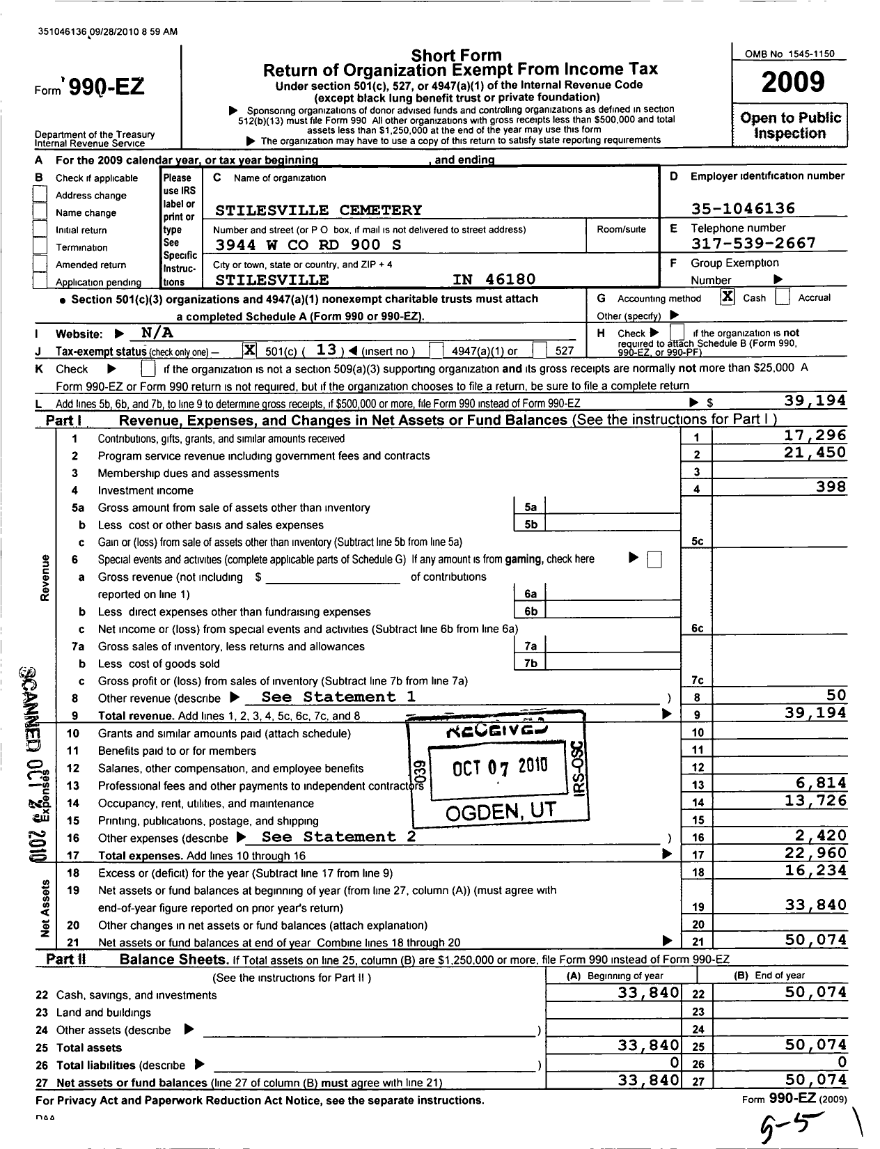 Image of first page of 2009 Form 990EO for Stilesville Cemetery Association