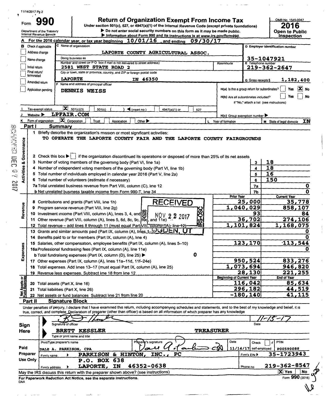 Image of first page of 2016 Form 990 for Laporte County Agricultural Association