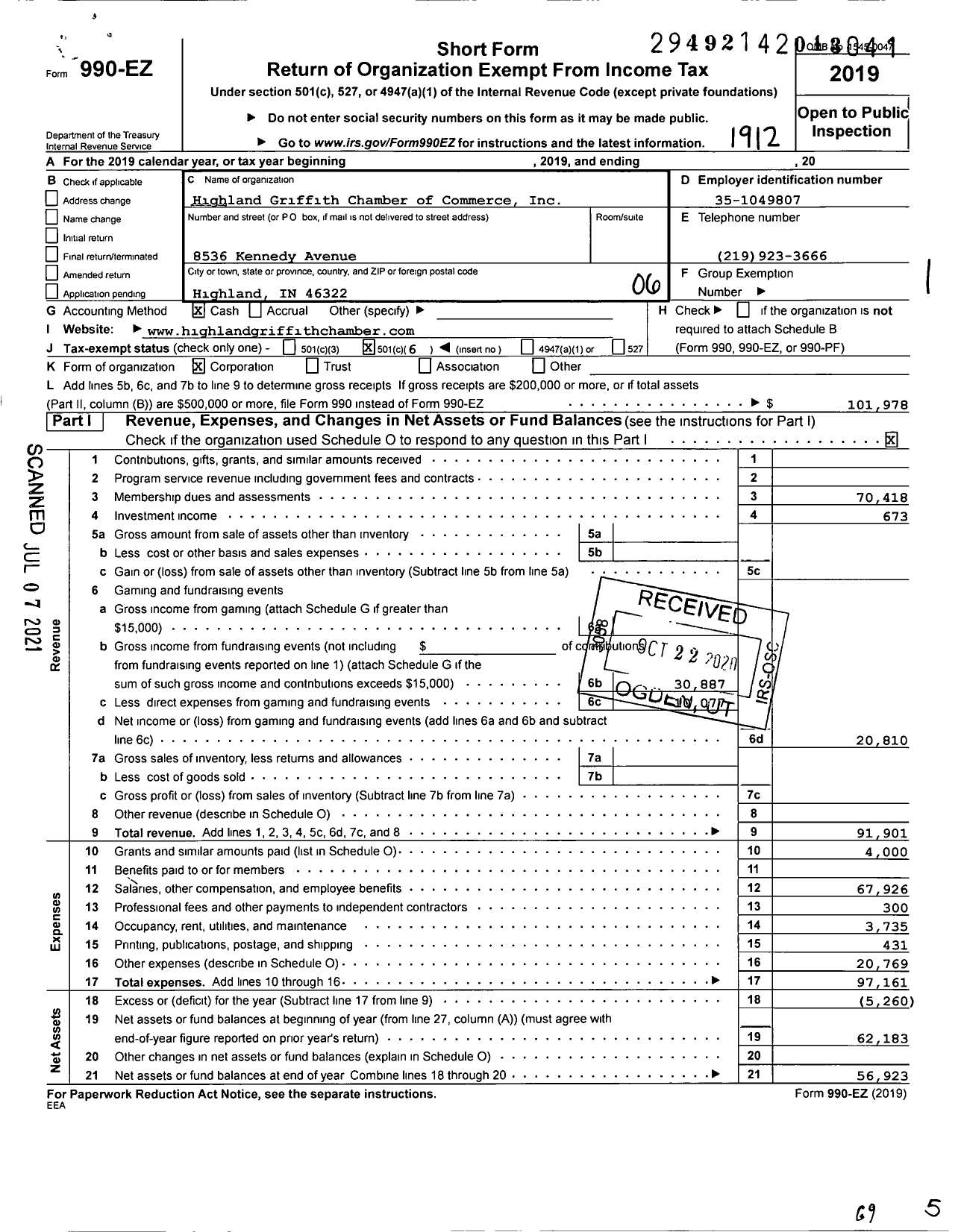 Image of first page of 2019 Form 990EO for Highland Griffith Chamber of Commerce