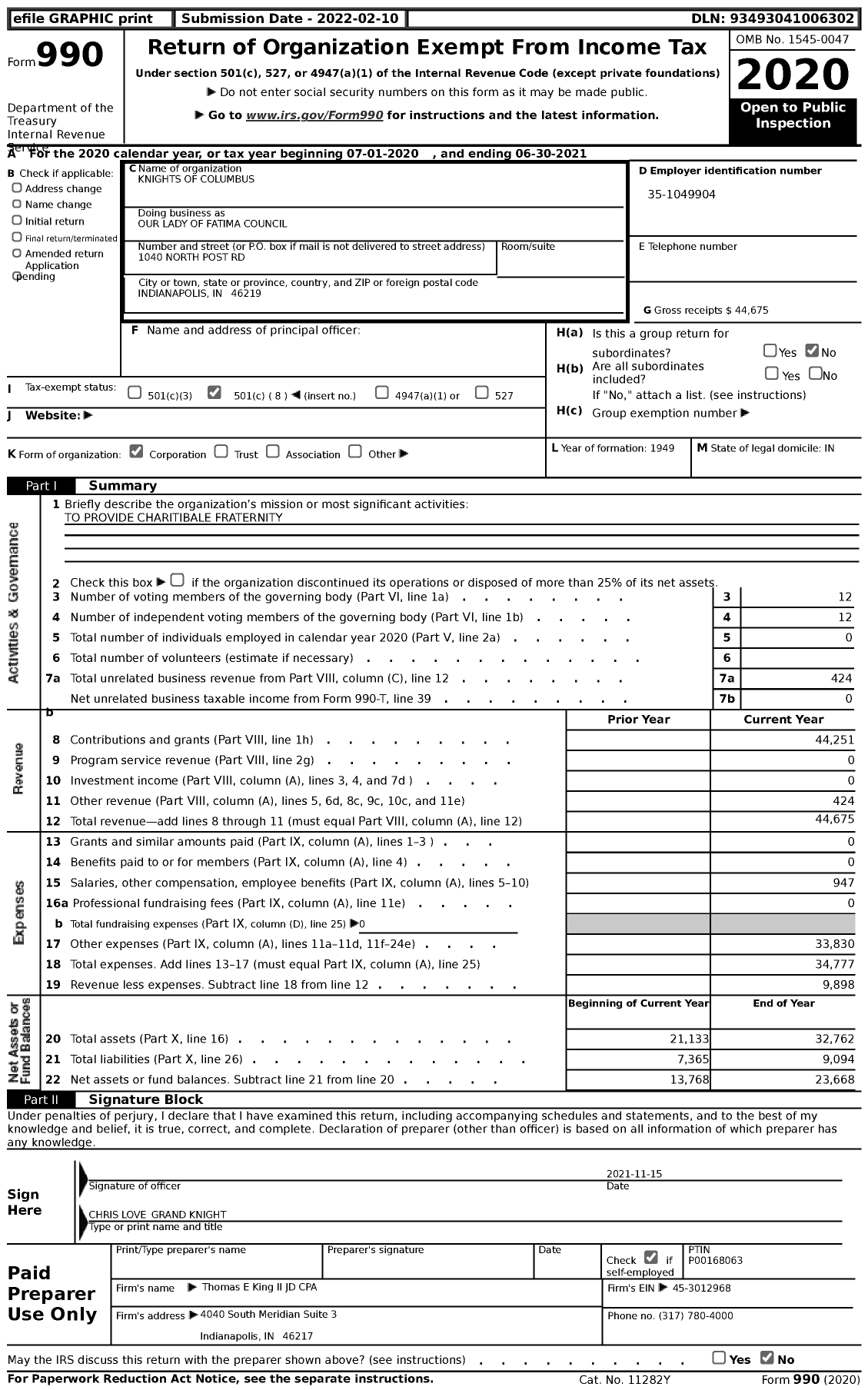 Image of first page of 2020 Form 990 for Knights of Columbus - Our Lady of Fatima Council