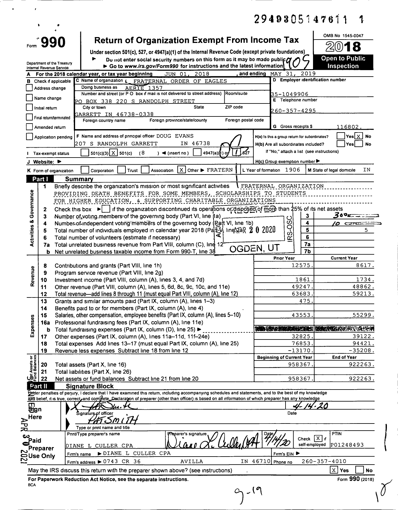 Image of first page of 2018 Form 990O for Fraternal Order of Eagles - 1357 Aerie