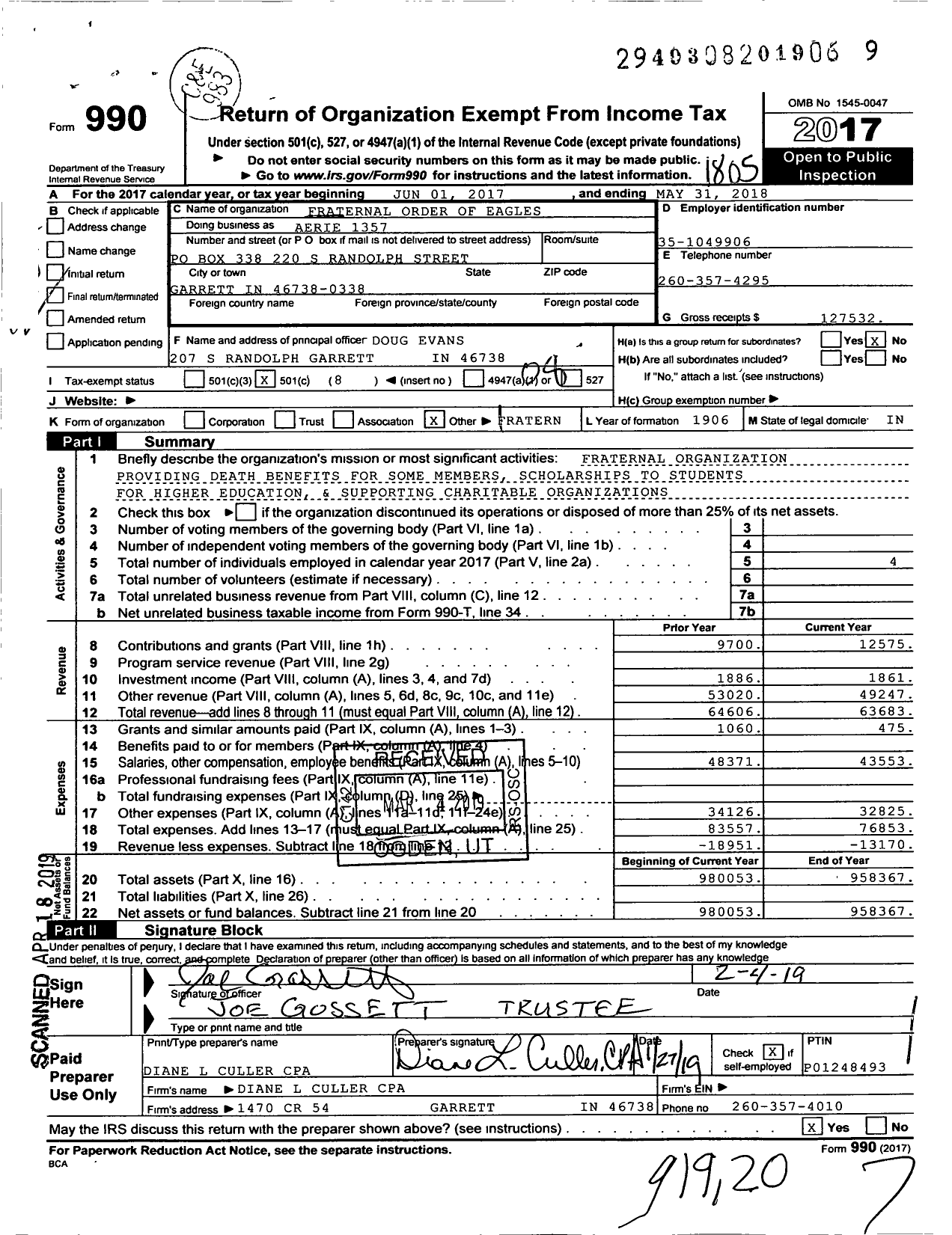 Image of first page of 2017 Form 990O for Fraternal Order of Eagles - 1357 Aerie