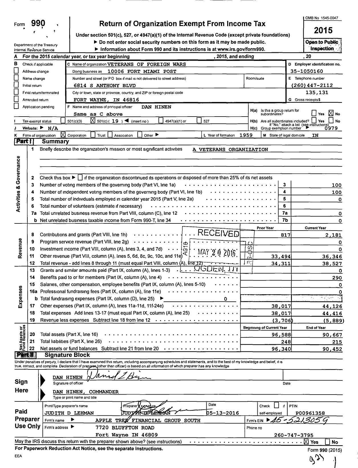 Image of first page of 2015 Form 990O for VFW Department of Indiana - 10006 Fort Miami Post