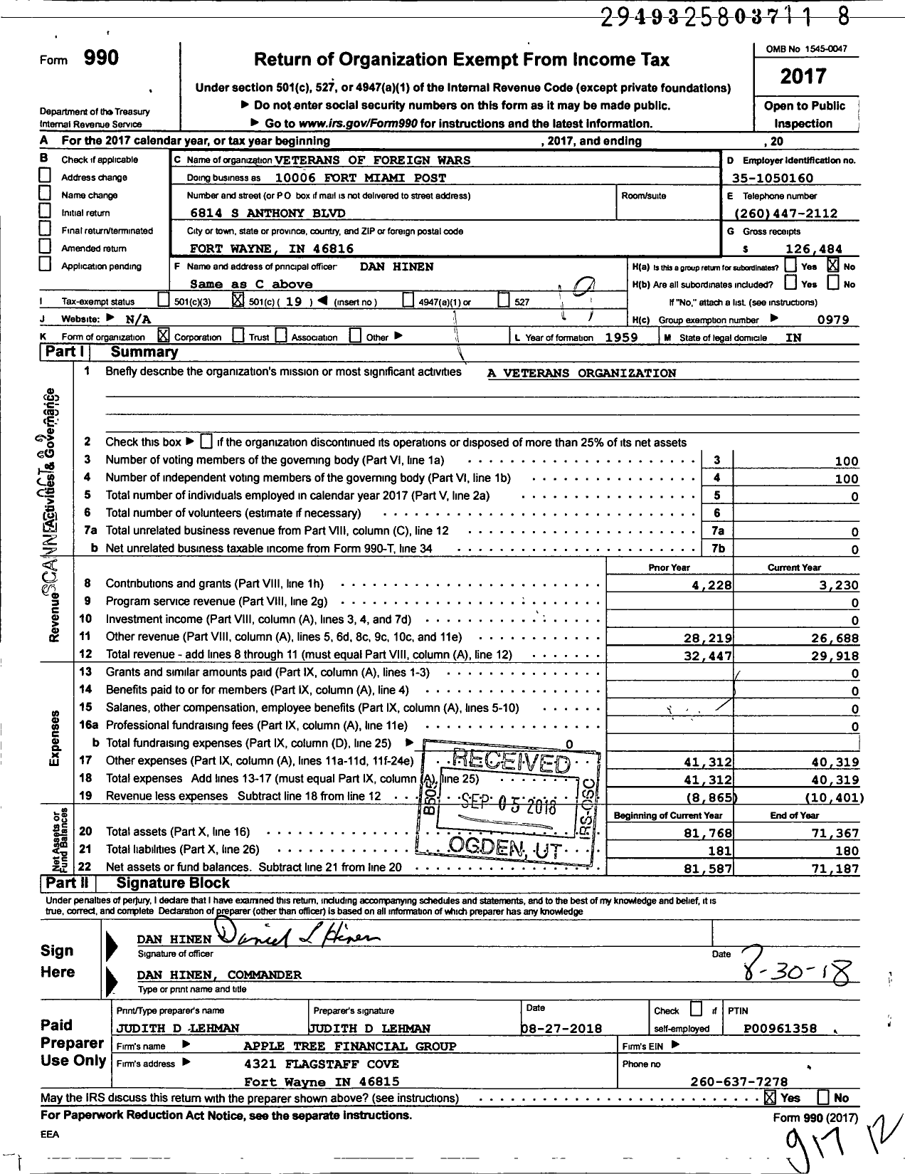 Image of first page of 2017 Form 990O for VFW Department of Indiana - 10006 Fort Miami Post