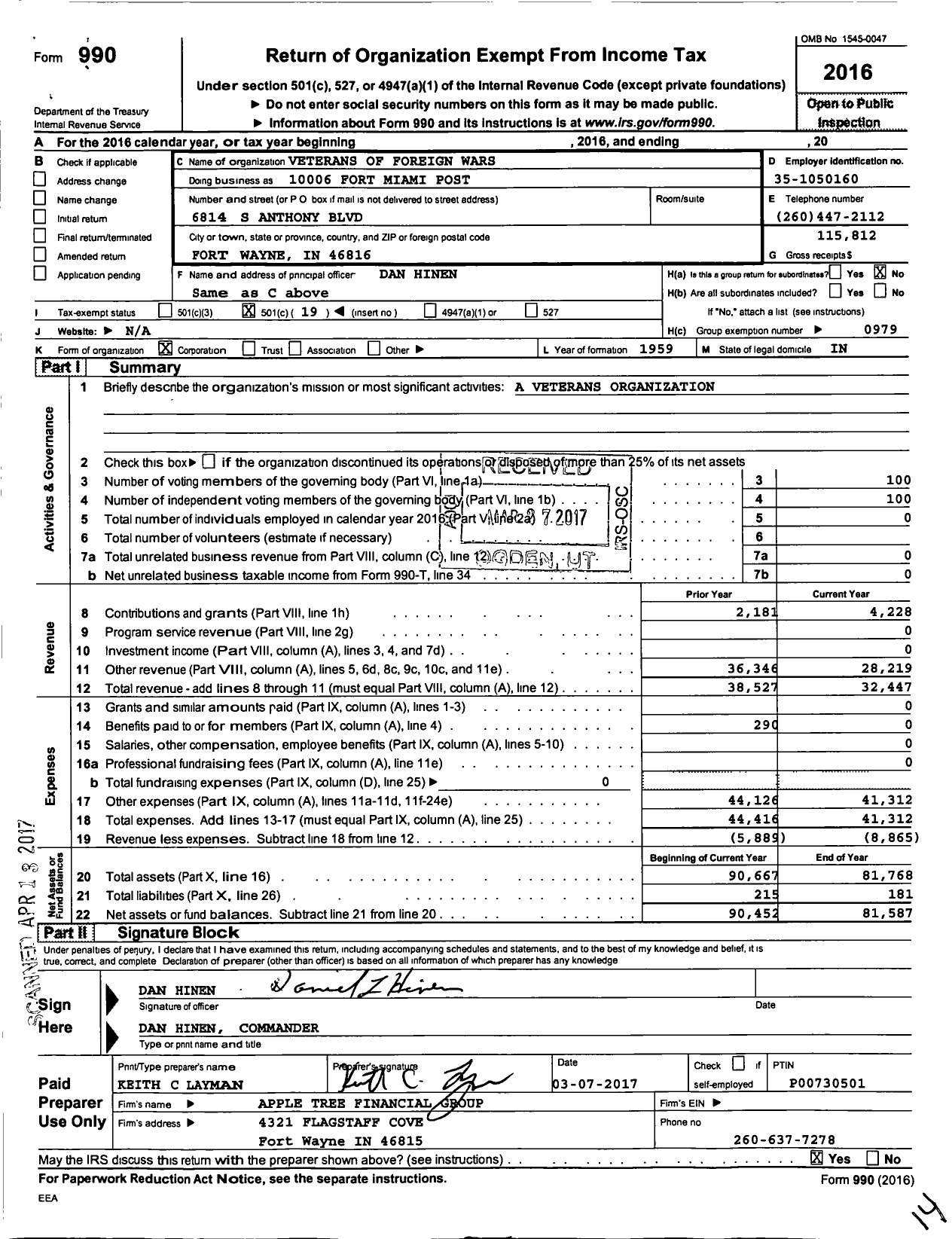 Image of first page of 2016 Form 990O for VFW Department of Indiana - 10006 Fort Miami Post