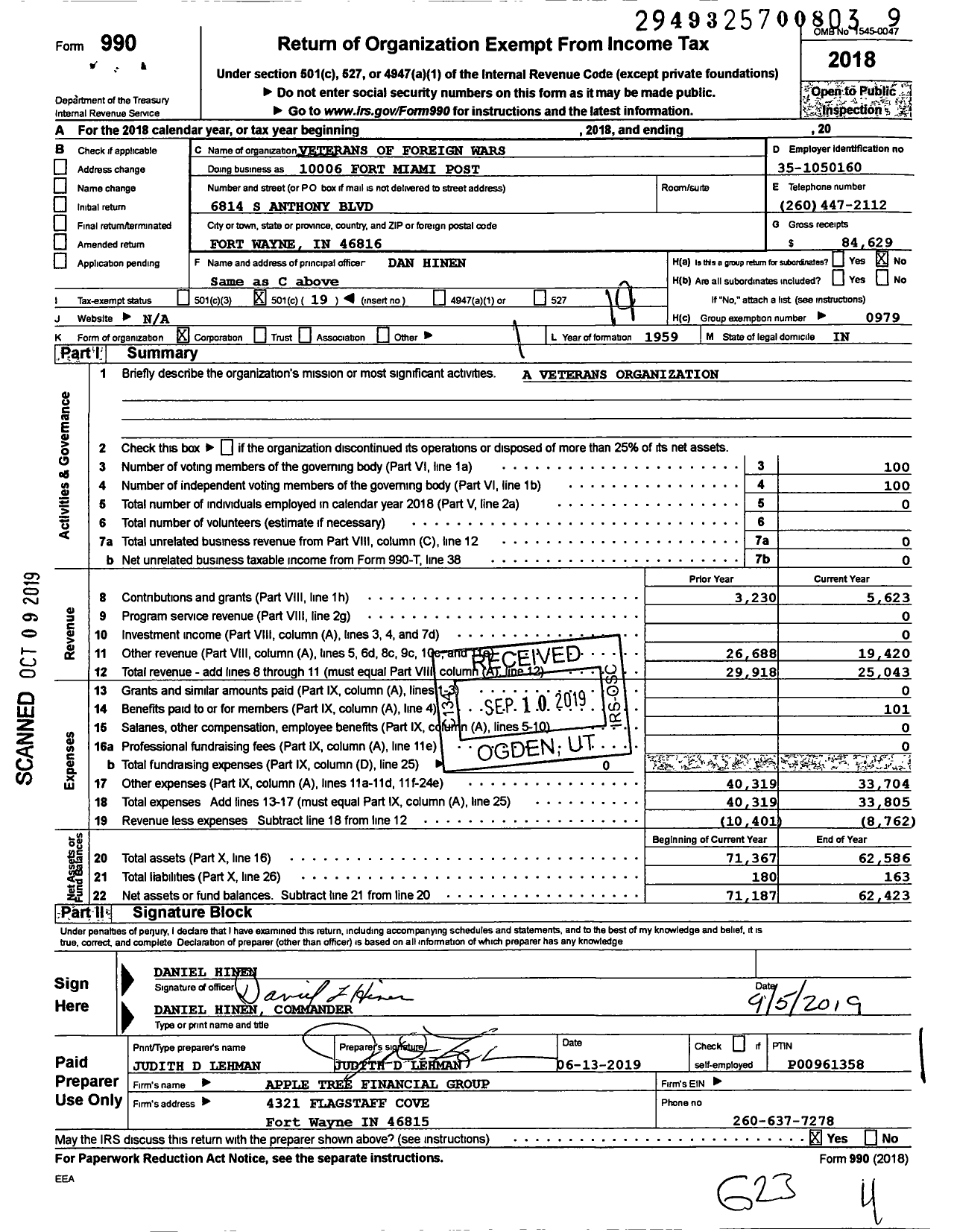 Image of first page of 2018 Form 990O for VFW Department of Indiana - 10006 Fort Miami Post