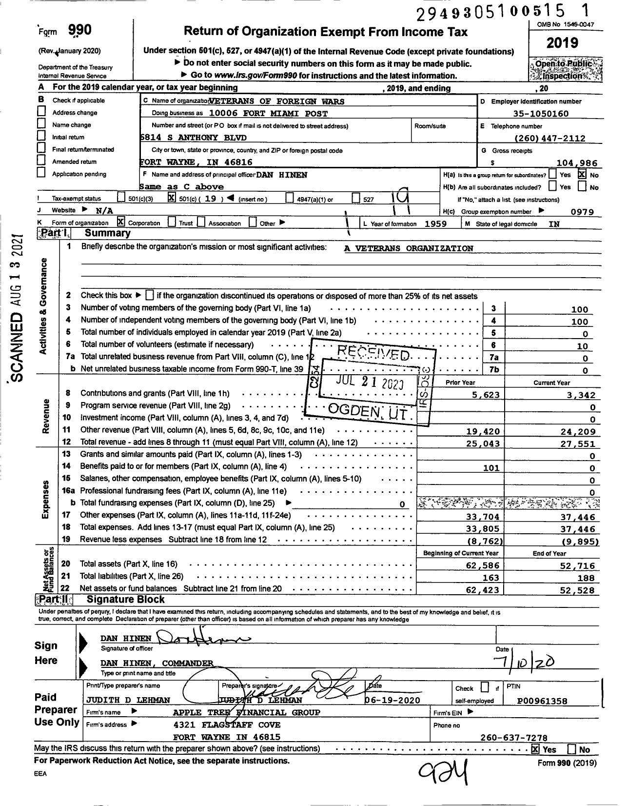 Image of first page of 2019 Form 990O for VFW Department of Indiana - 10006 Fort Miami Post