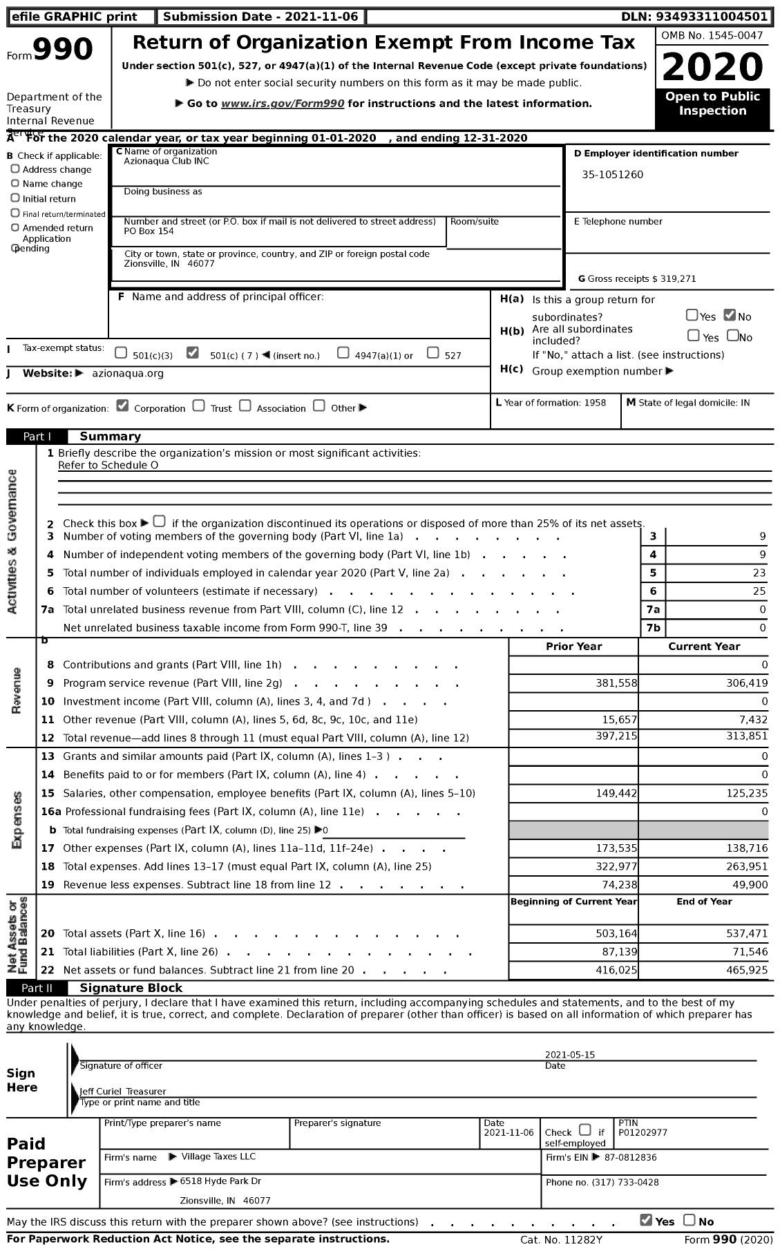 Image of first page of 2020 Form 990 for Azionaqua Club