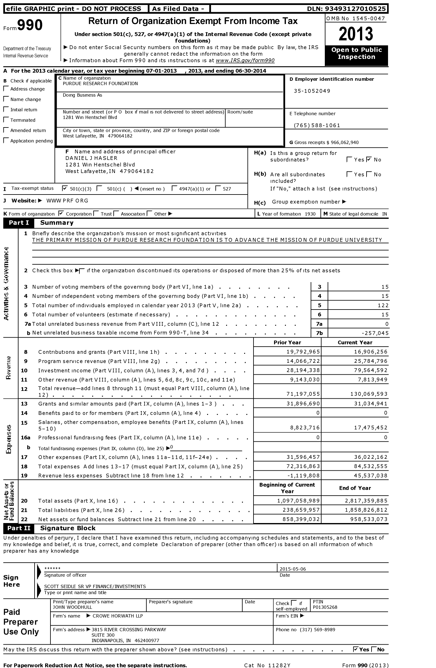 Image of first page of 2013 Form 990 for Purdue Research Foundation (PRF)