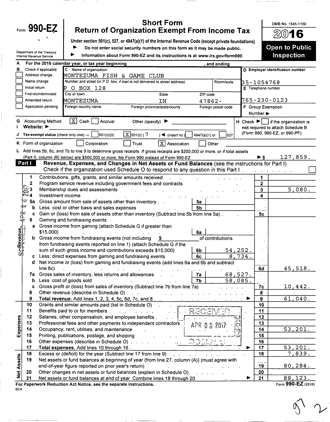 Image of first page of 2016 Form 990EO for Montezuma Fish and Game Club