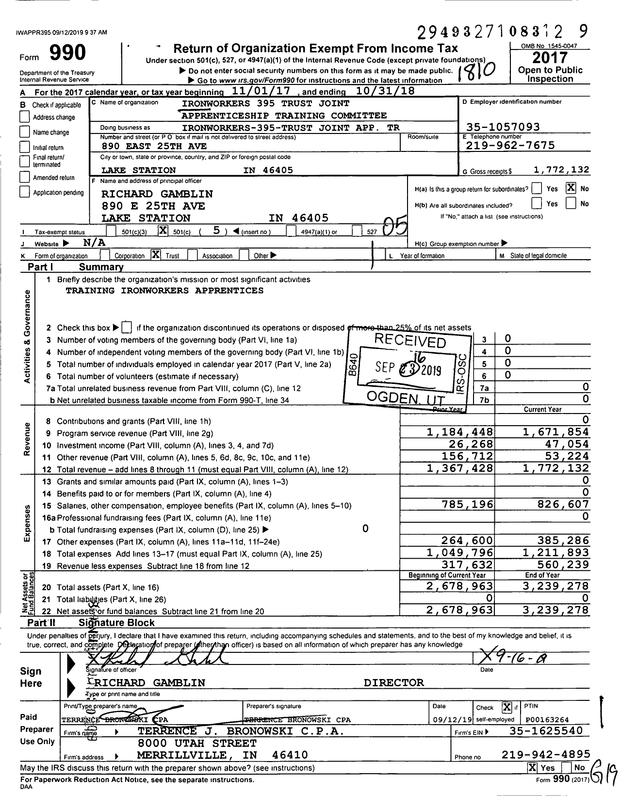 Image of first page of 2017 Form 990O for Ironworkers Workers 395 Trust Joint Apprenticeship Training Committee