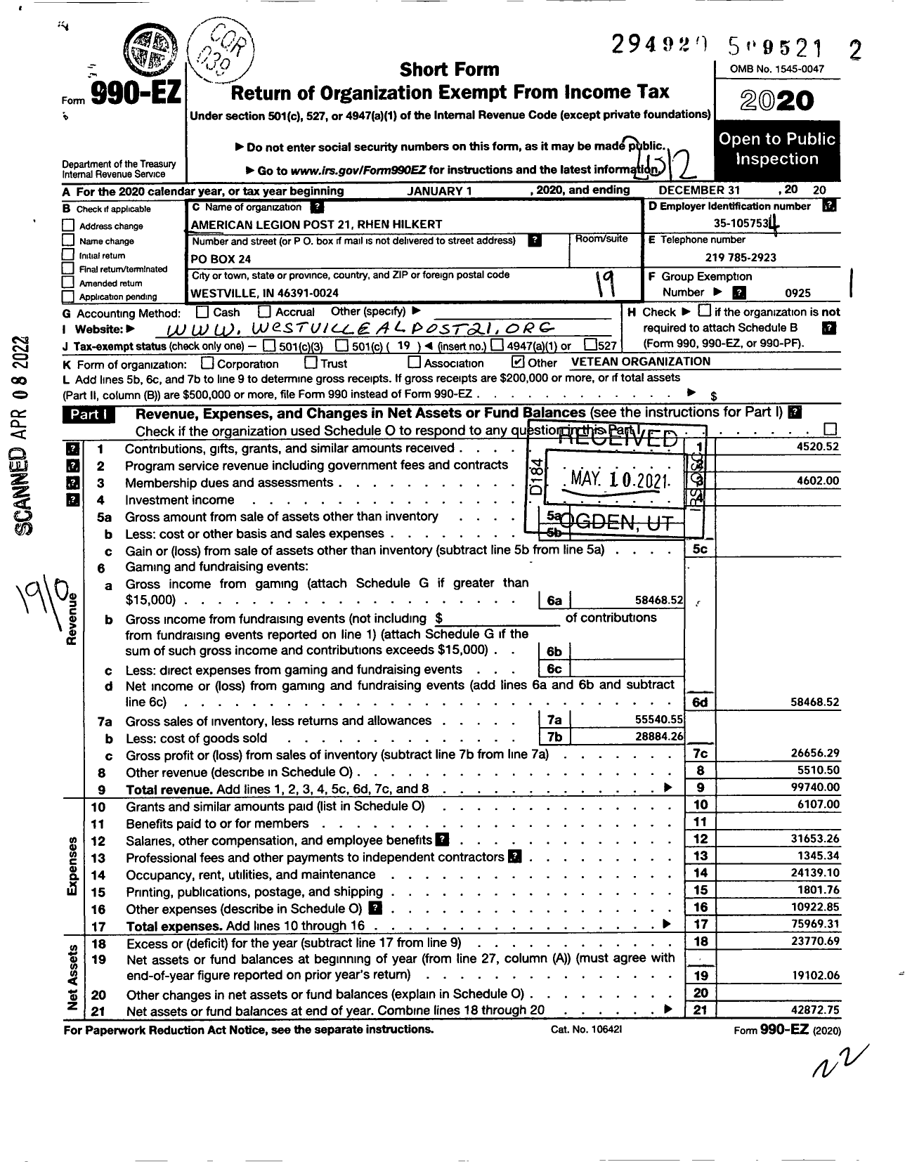 Image of first page of 2020 Form 990EO for American Legion - 21 Rhen Hilkert
