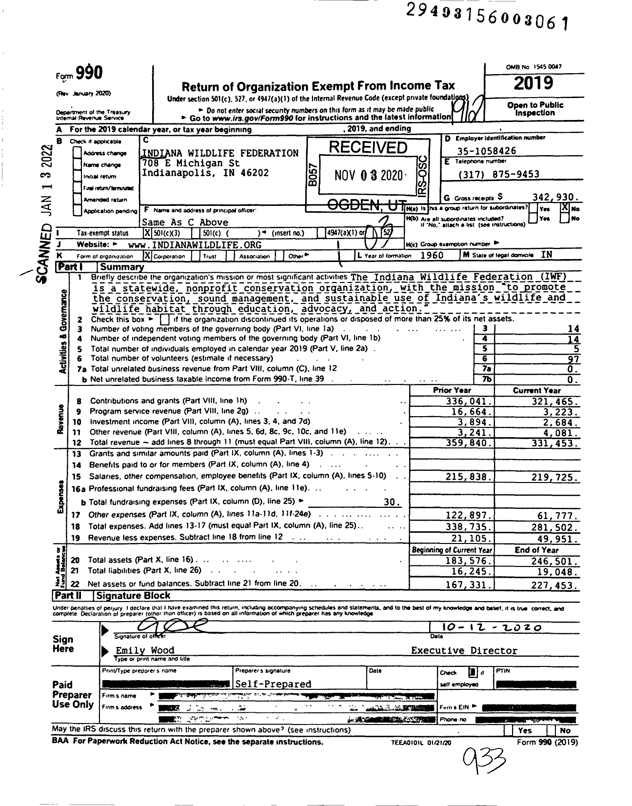 Image of first page of 2019 Form 990 for Indiana Wildlife Federation