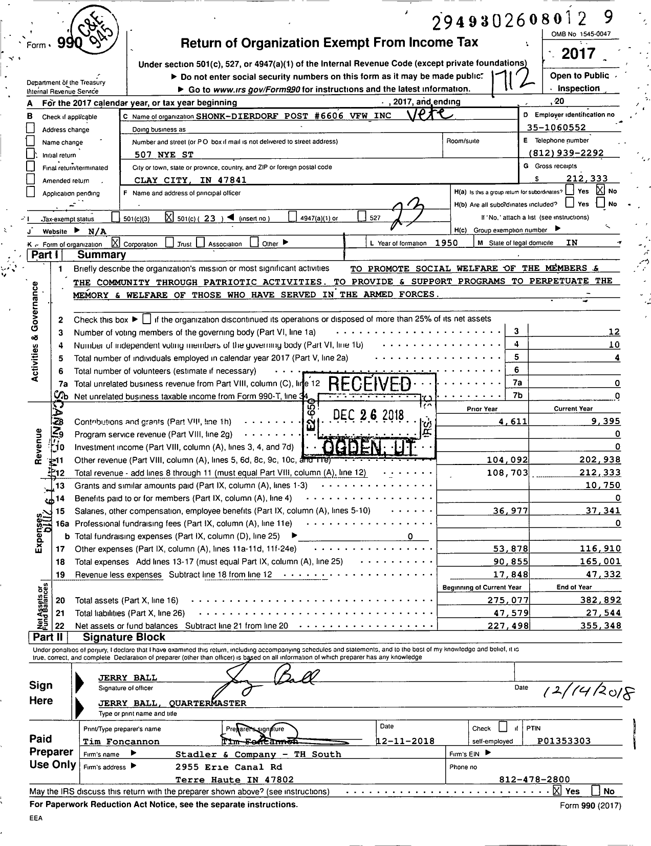 Image of first page of 2017 Form 990O for VFW Department of Indiana - 6606 Vfw-Ind Shonk-Deirdorf