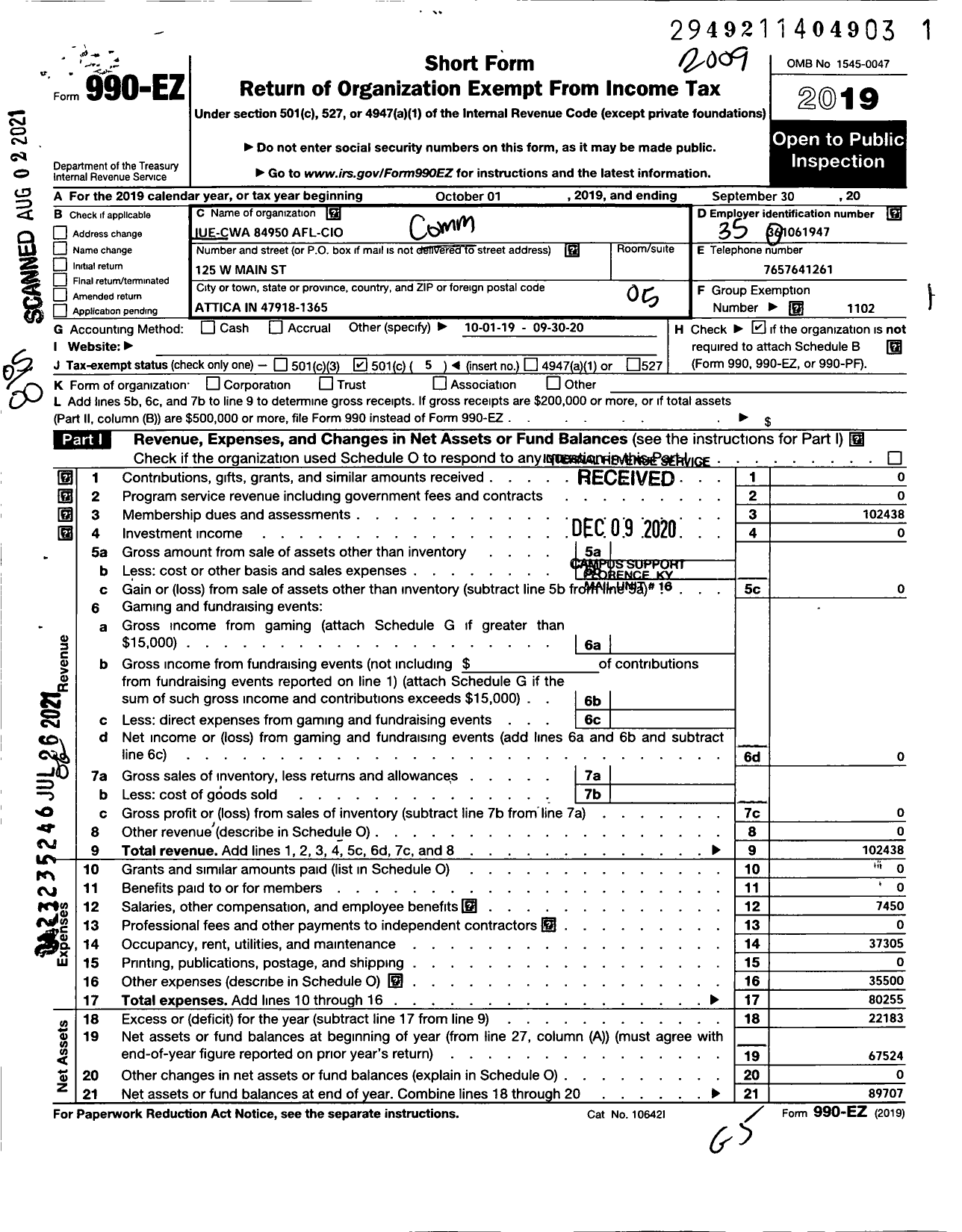 Image of first page of 2019 Form 990EO for Communications Workers of America - 84950 Local Iue Cwa