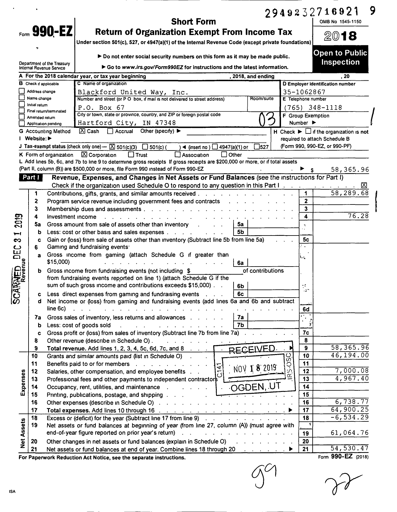 Image of first page of 2018 Form 990EZ for Blackford United Way