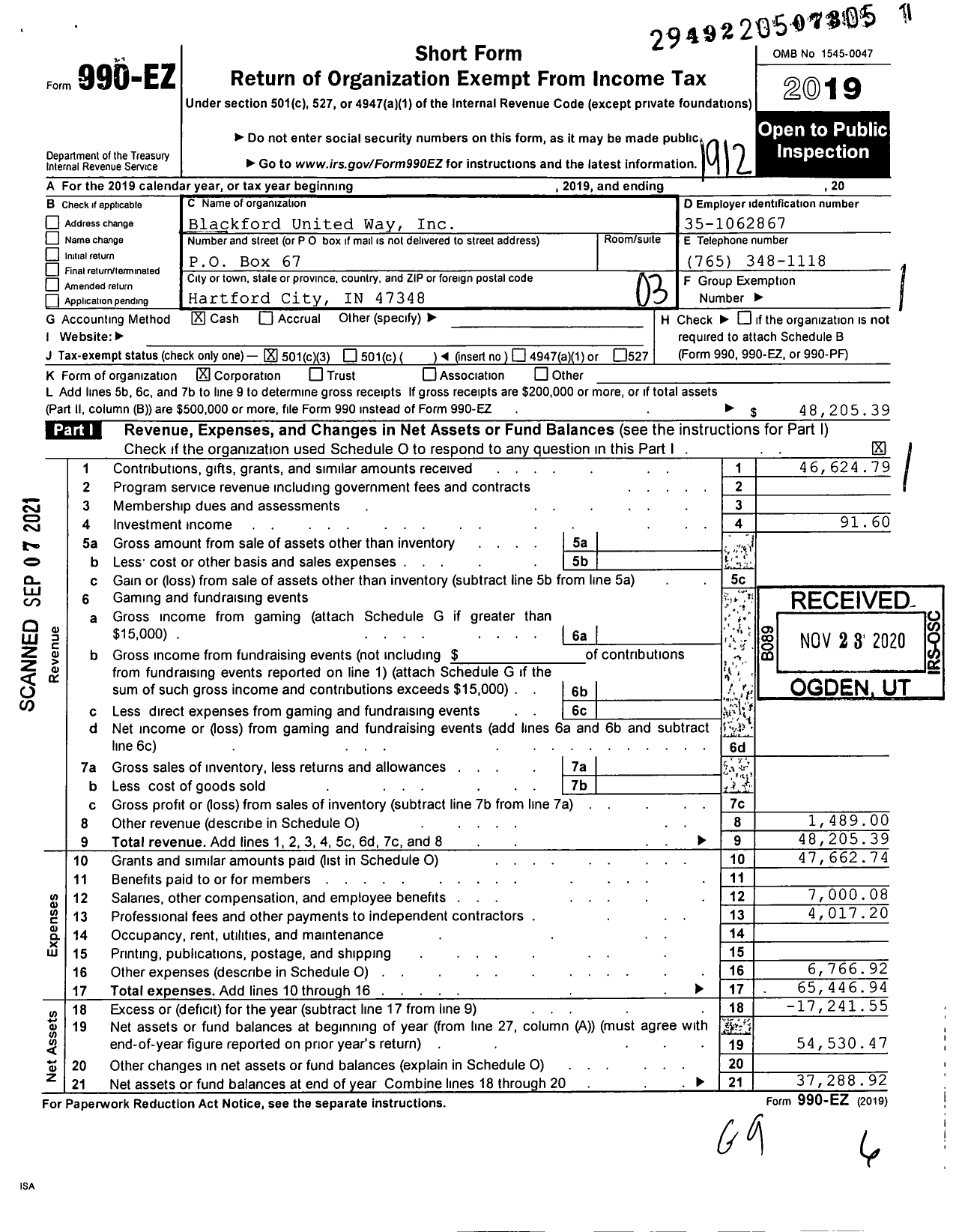 Image of first page of 2019 Form 990EZ for Blackford United Way