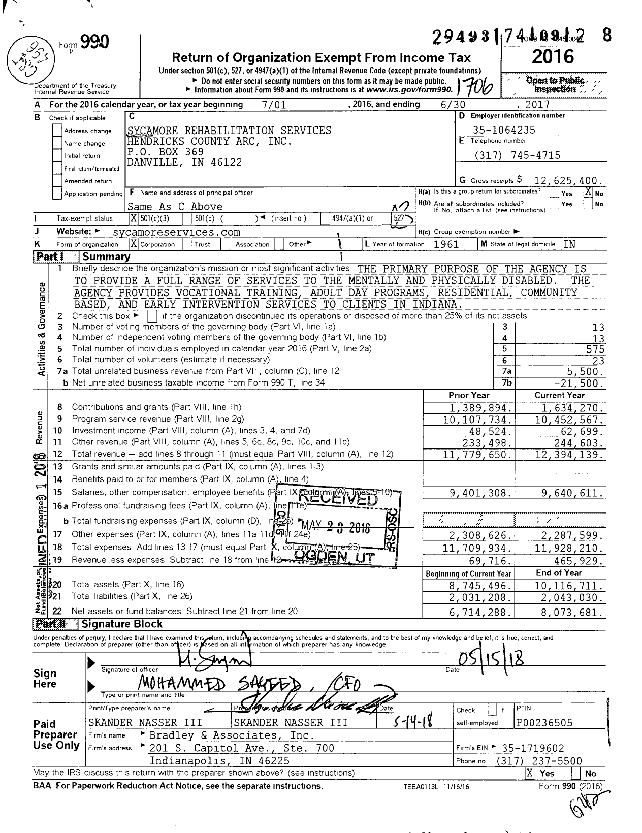 Image of first page of 2016 Form 990 for Sycamore Rehabilitation Services Hendricks County Arc