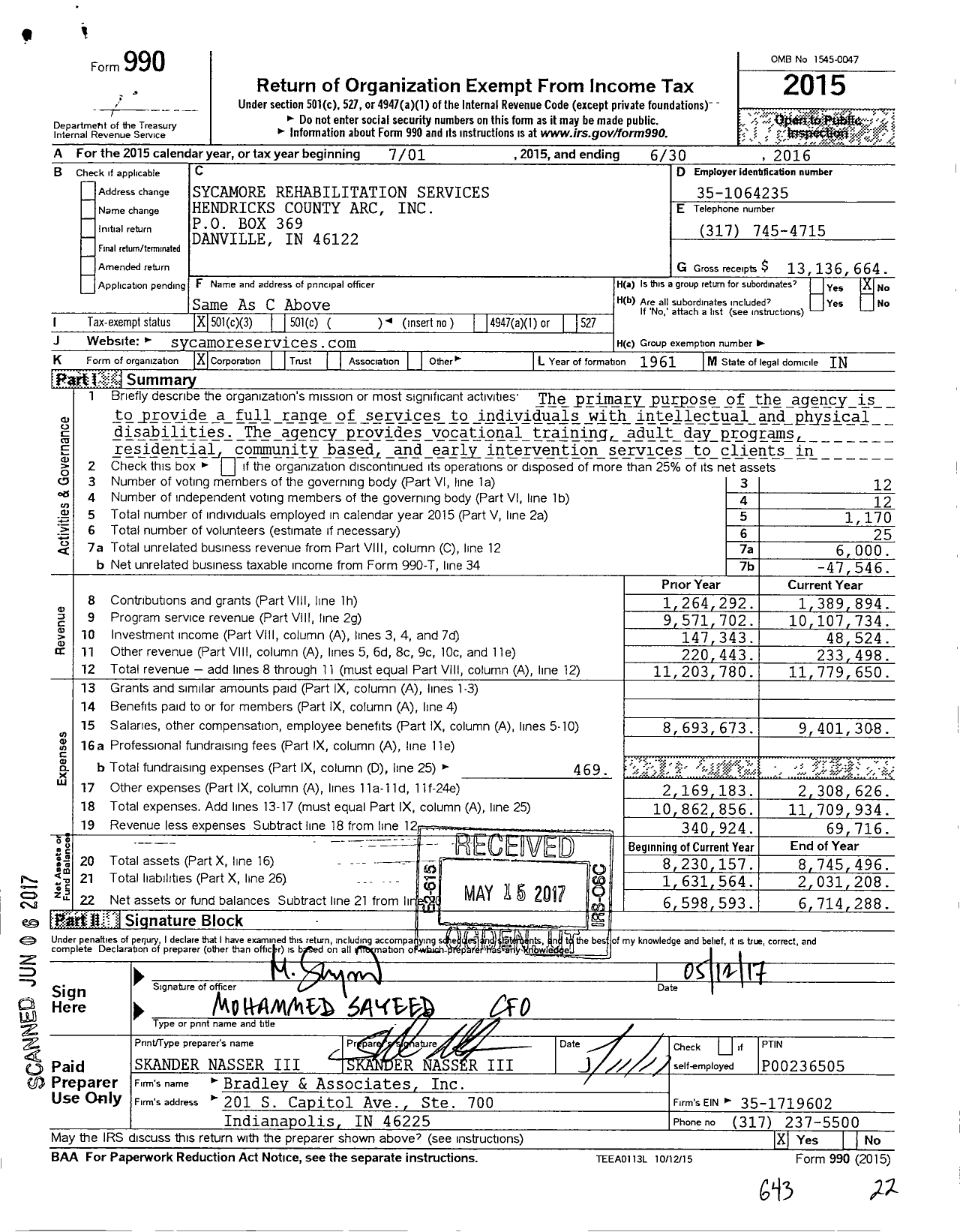 Image of first page of 2015 Form 990 for Sycamore Rehabilitation Services Hendricks County Arc